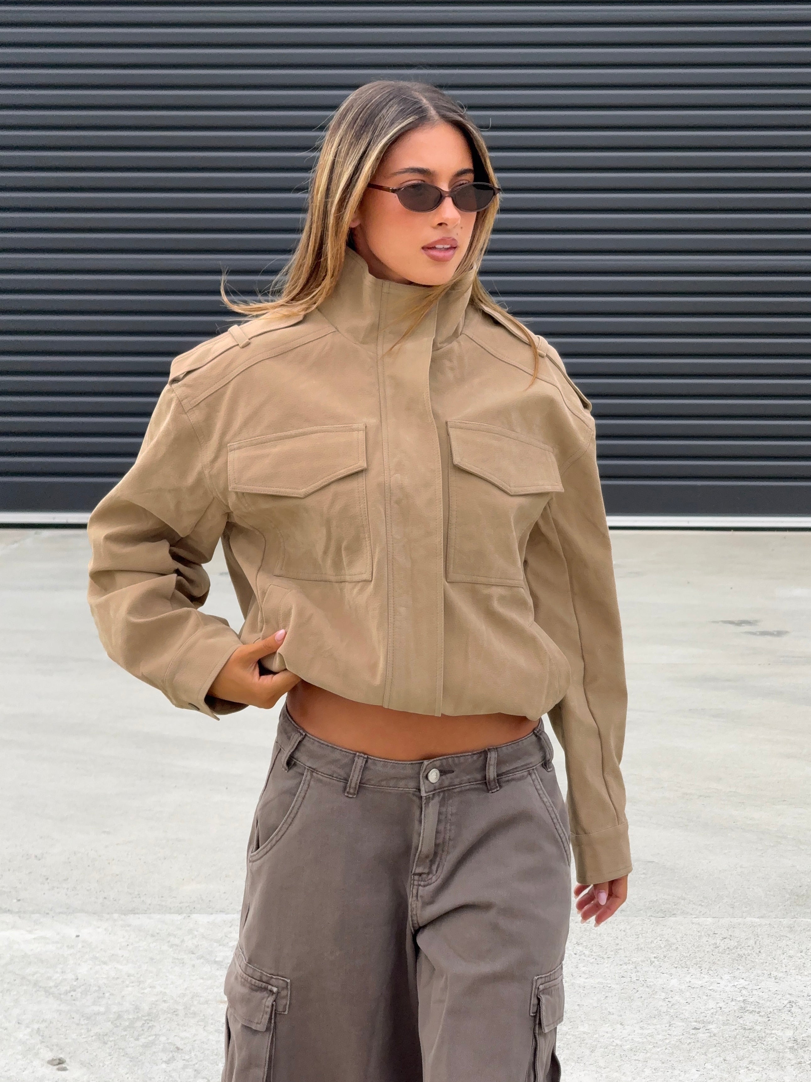 Double Life Funnel Neck Cargo Jacket Beige