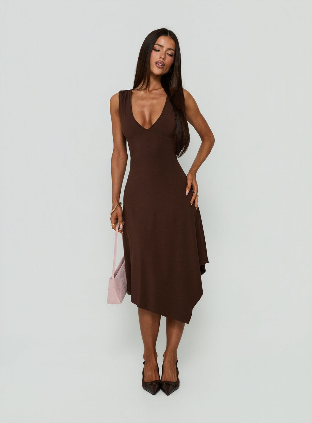 Louisia V Neck Hanky Hem Midi Dress Brown
