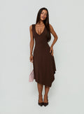 Louisia V Neck Hanky Hem Midi Dress Brown