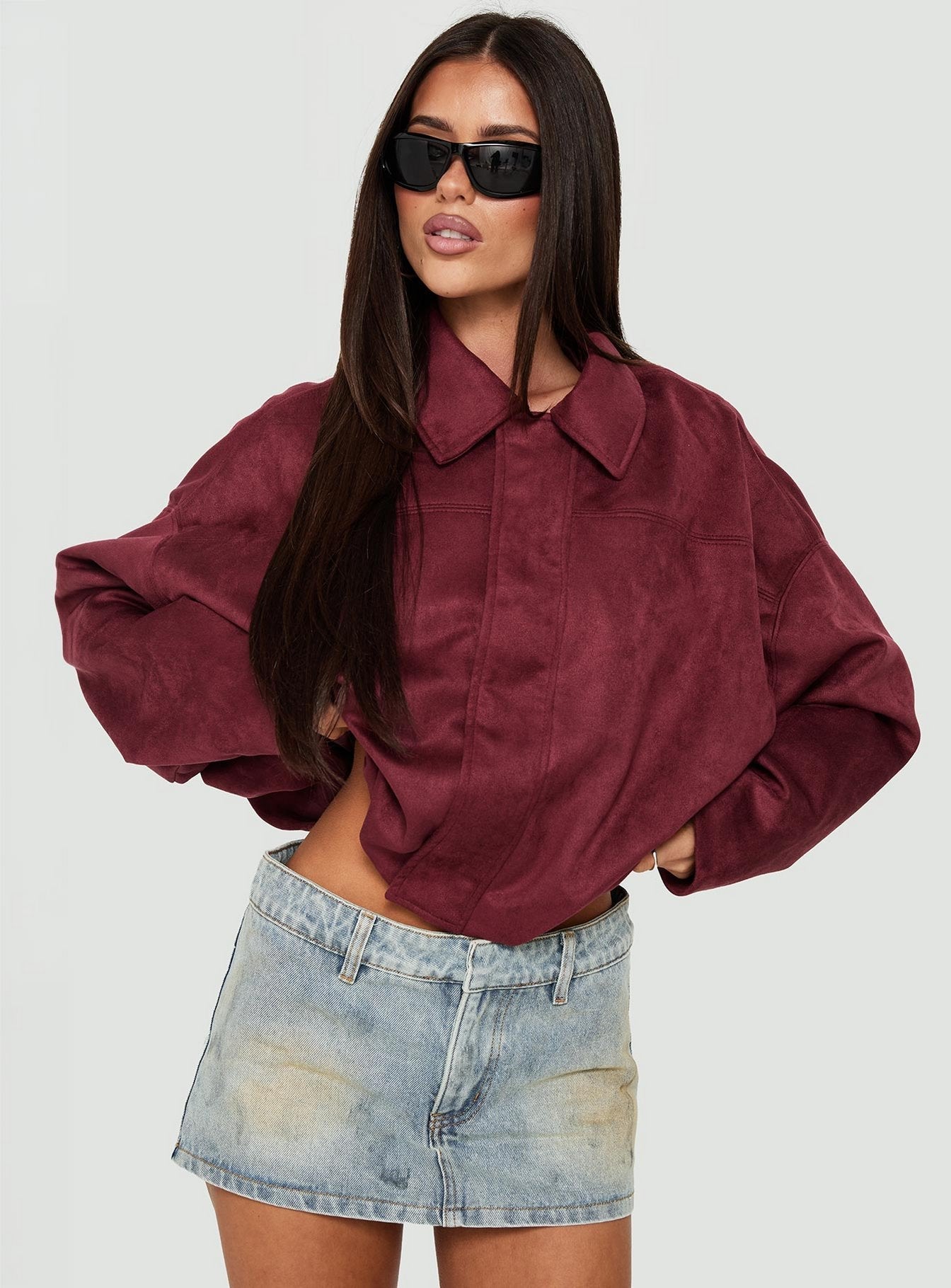 Enlightened Faux Suede Bomber Jacket Burgundy