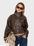 Ace Player Funnel Neck Faux Leather Jacket Brown