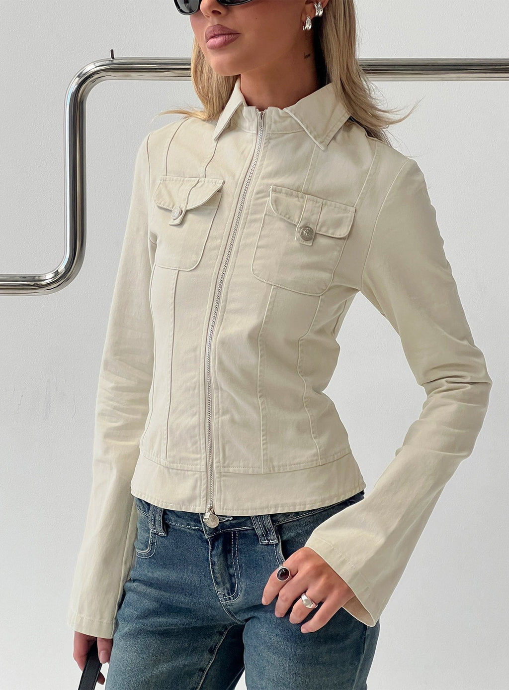 Kelehan Long Sleeve Zip Front Jacket Stonewashed Cream