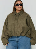 Enlightened Faux Suede Bomber Jacket Khaki Curve