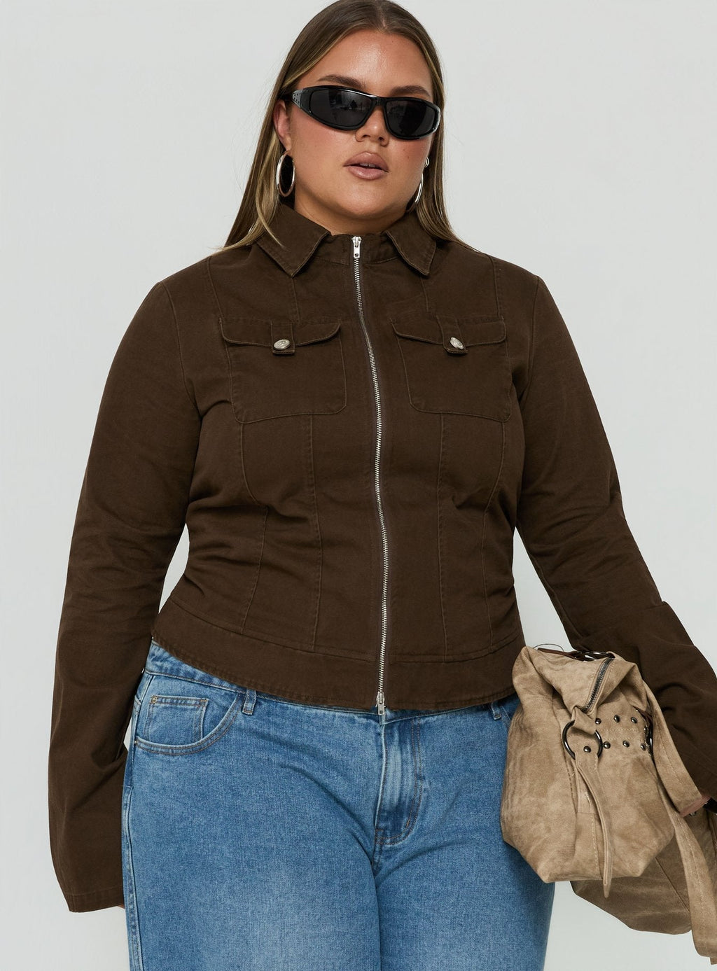 Kelehan Long Sleeve Zip Front Jacket Stonewashed Brown Curve