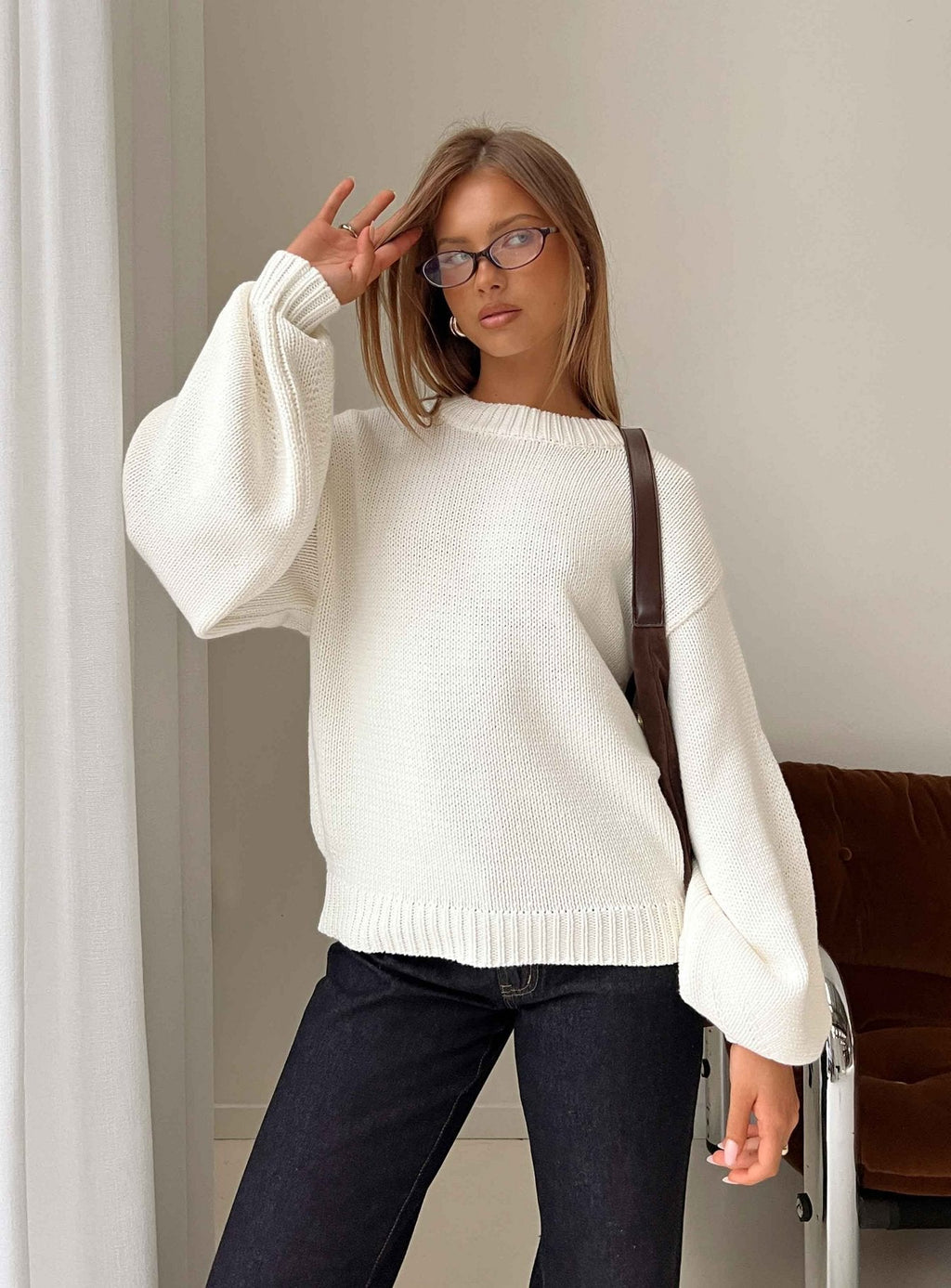 Harmony Balloon Sleeve Knit Sweater White