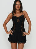 Rhiara Lace Trim Frill Mini Dress Black