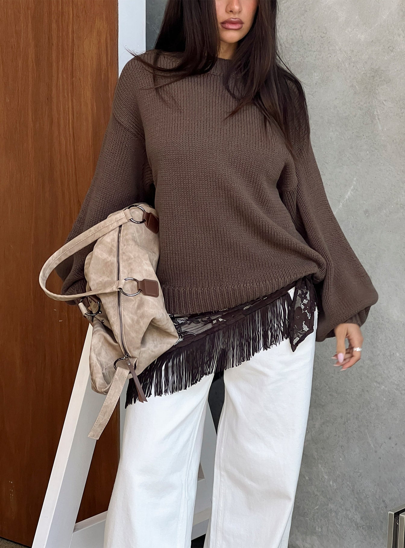Harmony Balloon Sleeve Knit Sweater Dark Brown
