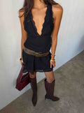 Edeni Lace Splice Halter Mini Dress Black