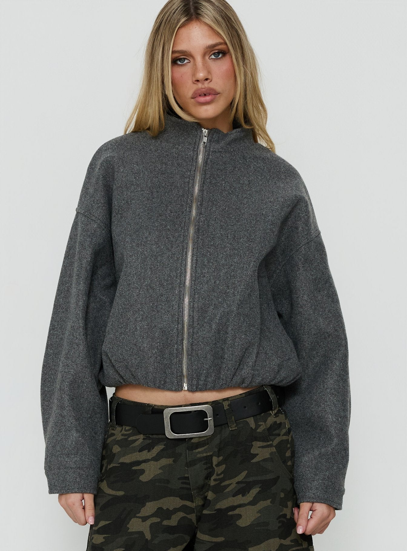 Chayden Cropped Faux Wool Bomber Jacket Grey