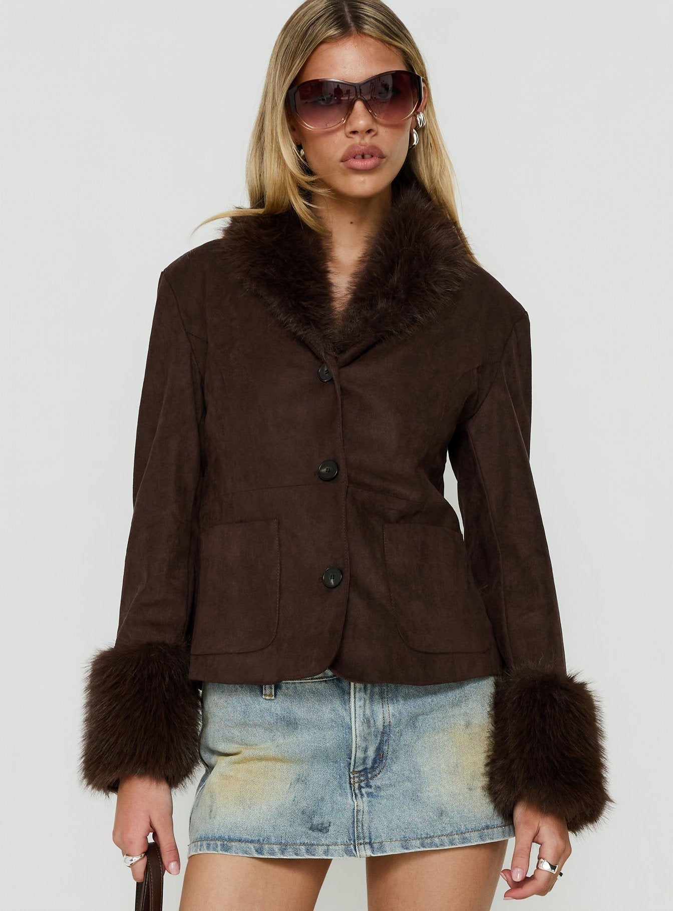 Memoree Faux Fur Trim Jacket Chocolate