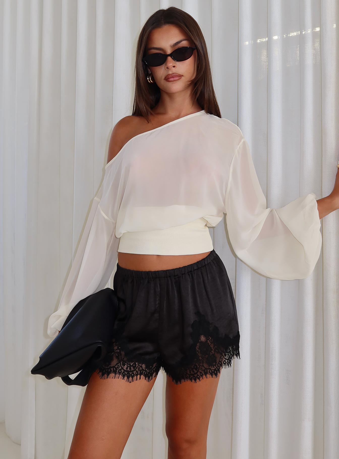 Parisse Satin Lace Trim Shorts Black