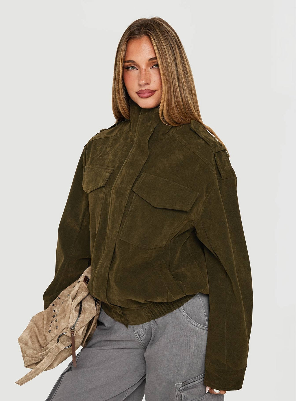 Double Life Funnel Neck Cargo Jacket Olive Green