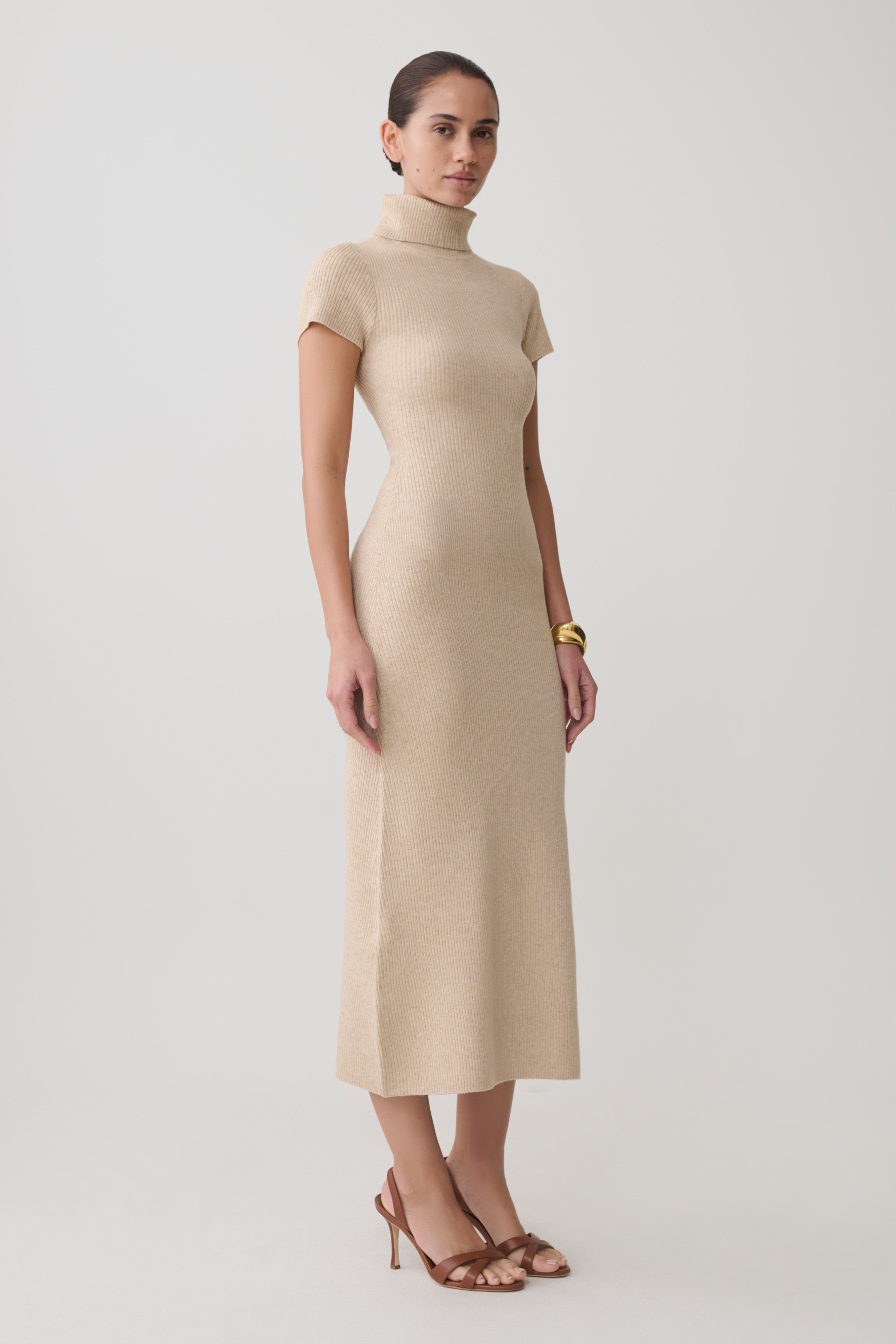 Goldie High Neck Knit Midi Dress - Camel