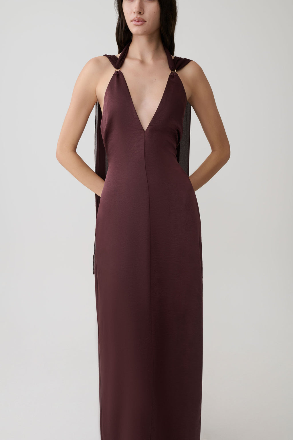 Myla Draped Shoulders Satin Maxi Dress - Chocolate