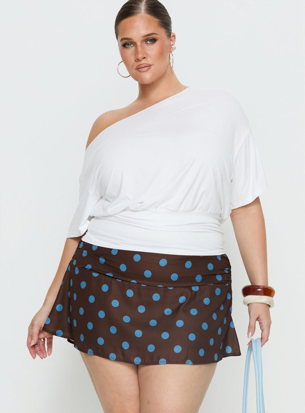 Elicia Ruched Mini Skirt Brown / Blue Polka Dot Curve