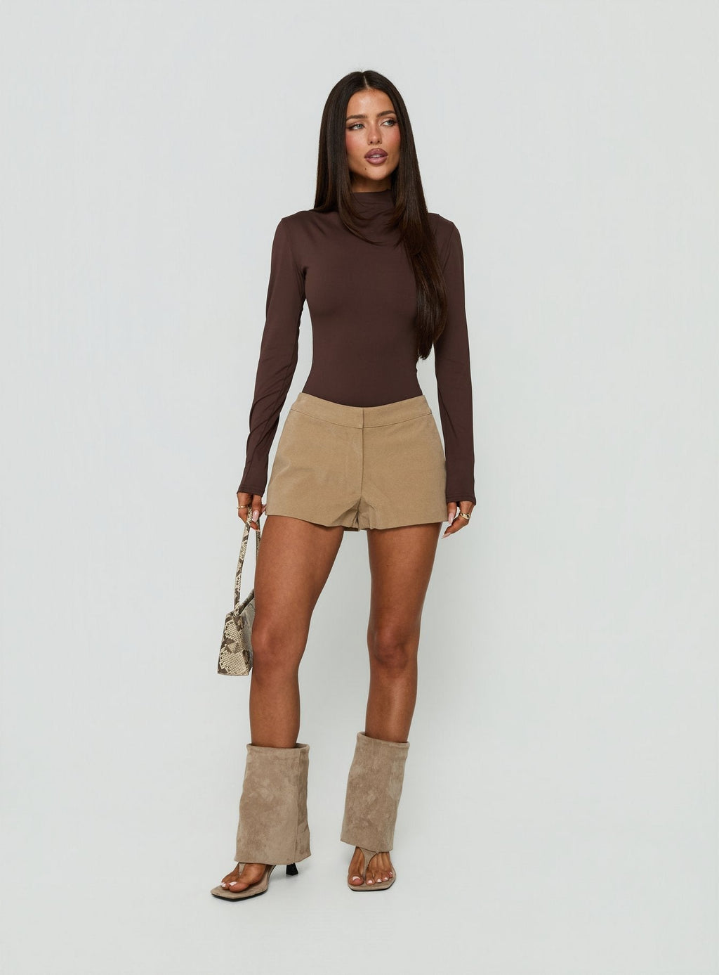 Pirella Mock Neck Long Sleeve Bodysuit Brown