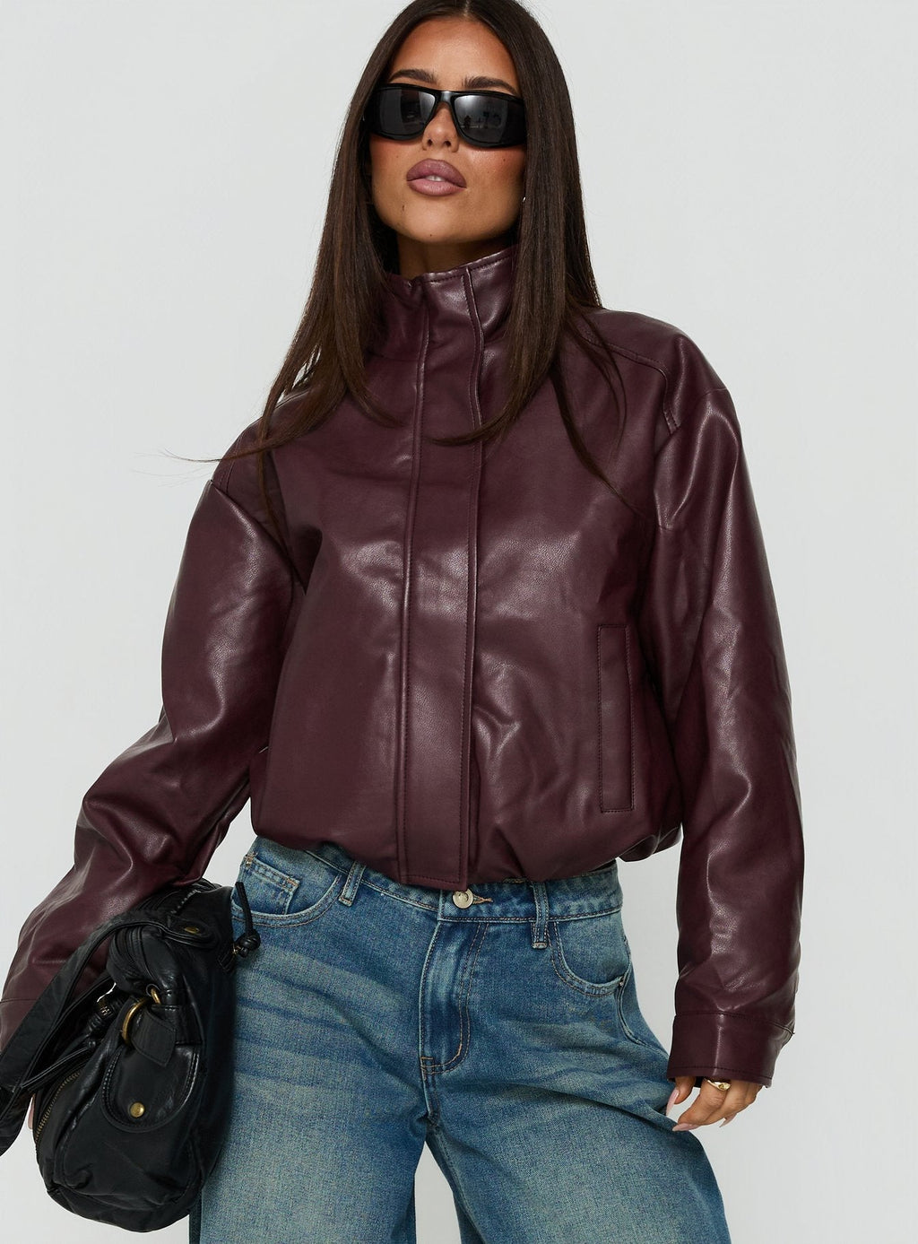 Kordale Funnel Neck Faux Leather Bomber Jacket Burgundy