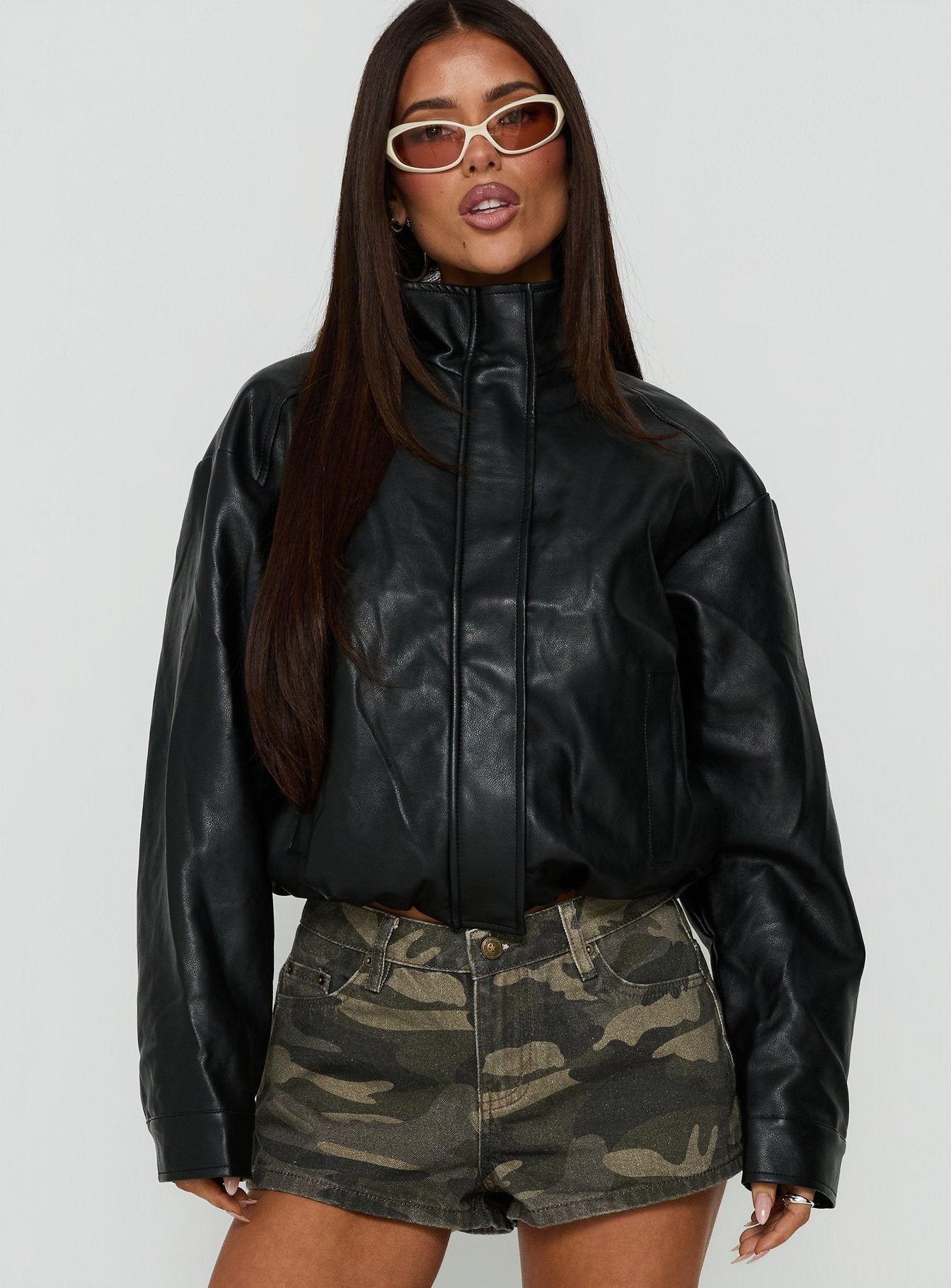 Kordale Funnel Neck Faux Leather Bomber Jacket Black