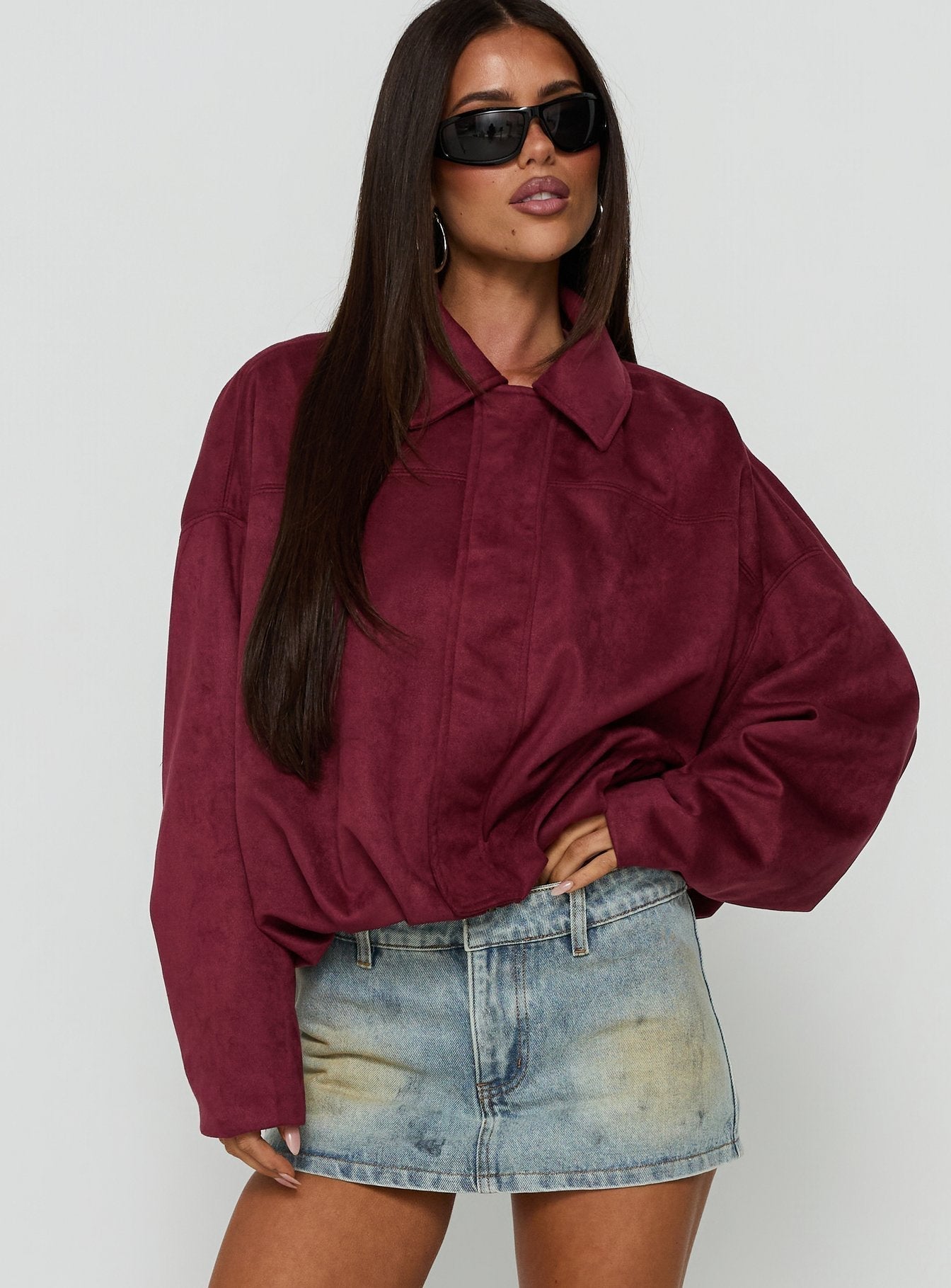 Enlightened Faux Suede Bomber Jacket Burgundy