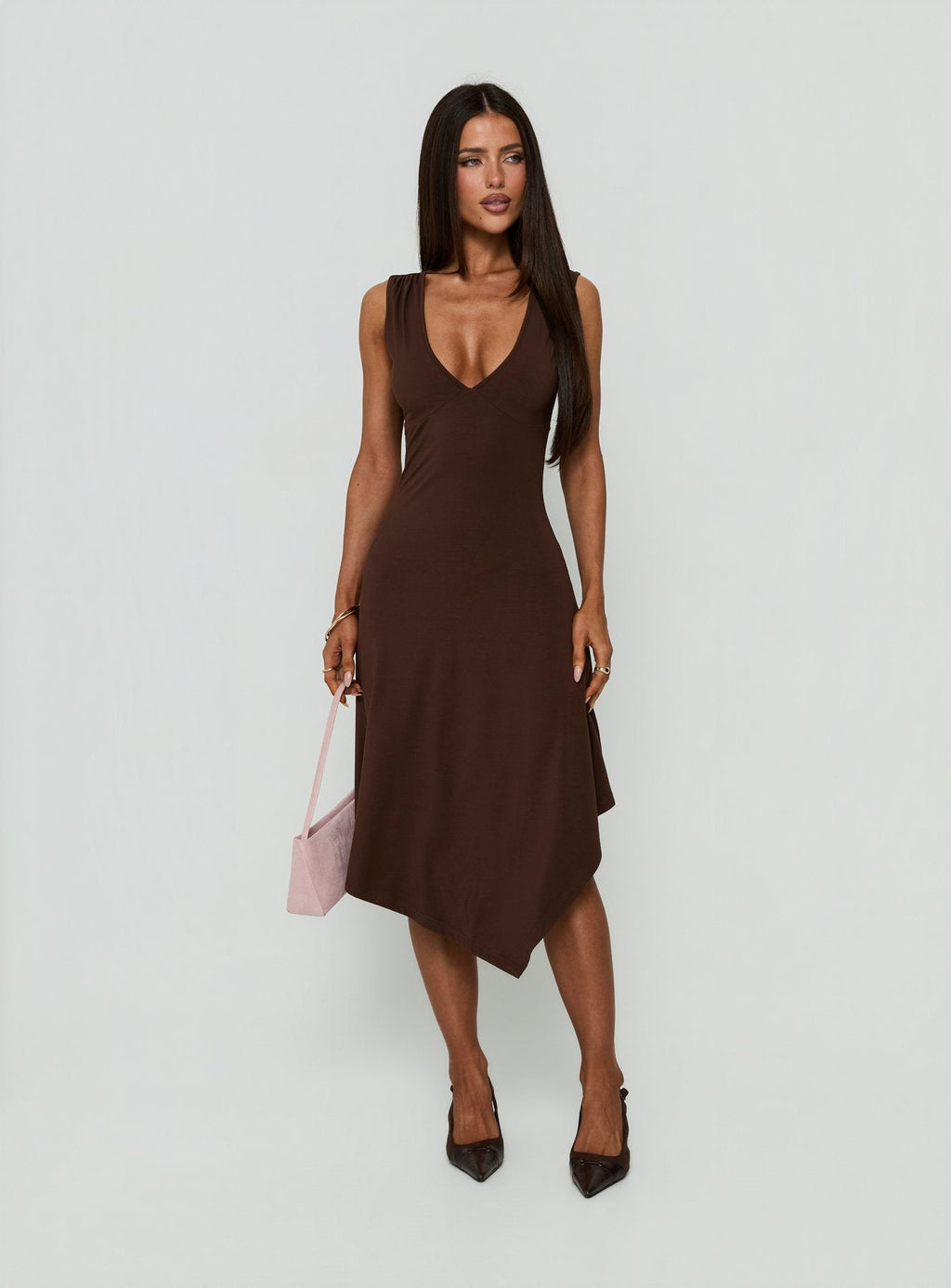 Louisia V Neck Hanky Hem Midi Dress Brown