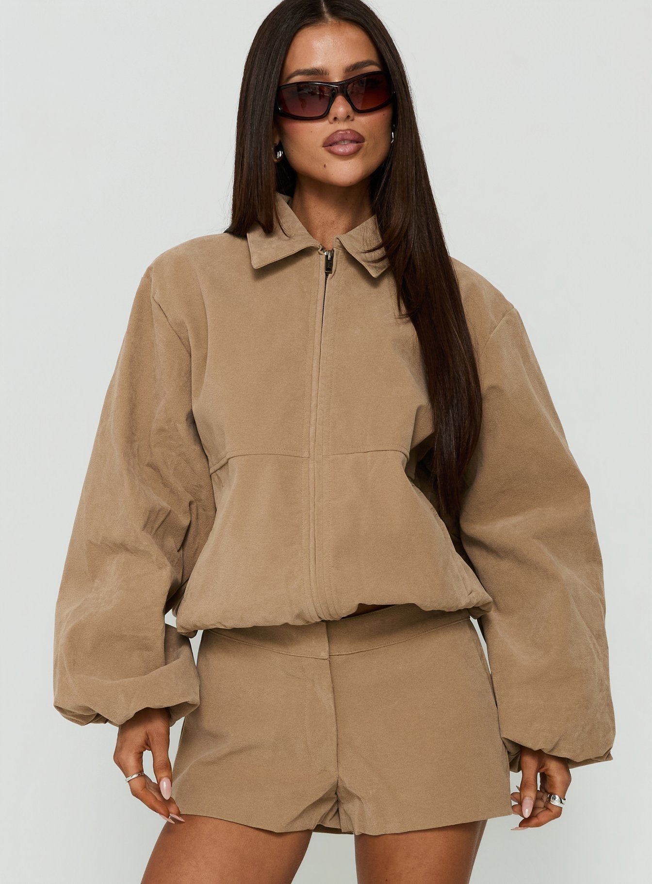 Esmeya Faux Suede Collared Bomber Jacket Beige
