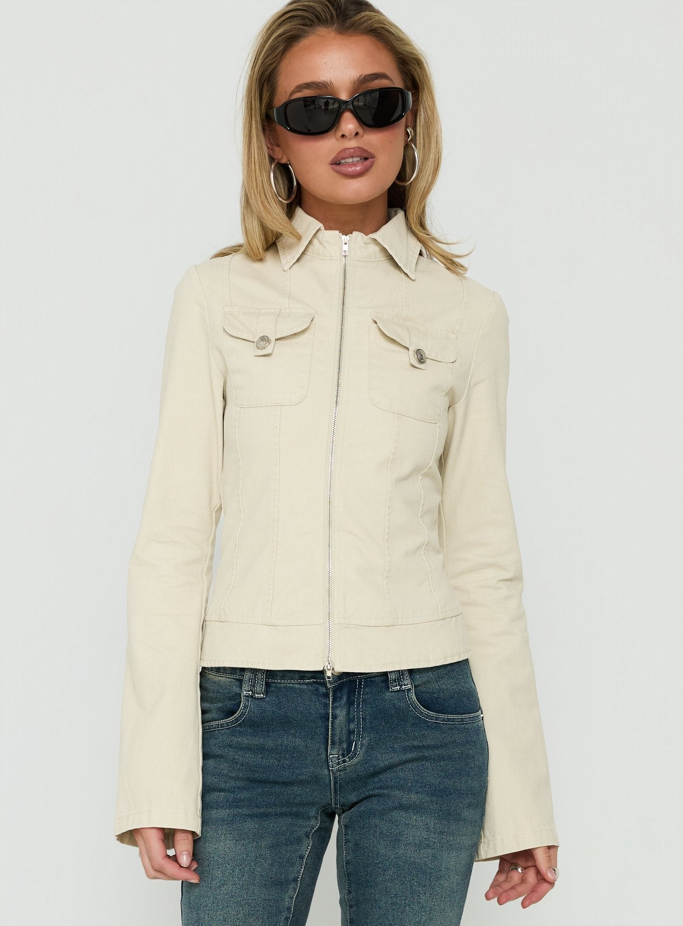 Kelehan Long Sleeve Zip Front Jacket Stonewashed Cream