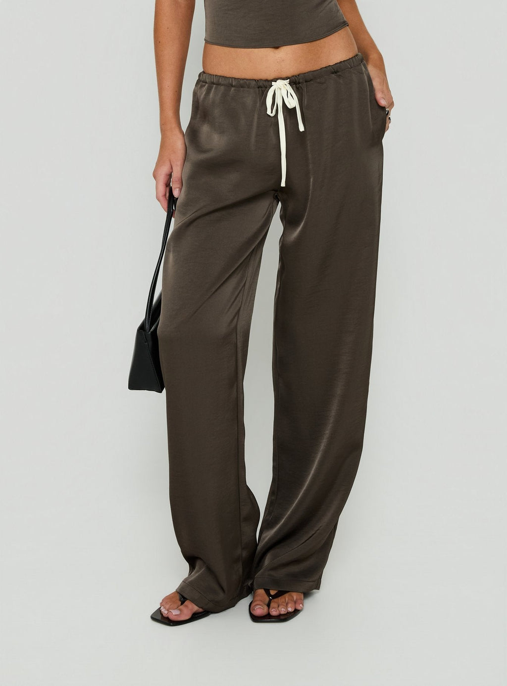 Dialled Up Tie Waist Satin Pants Mocha