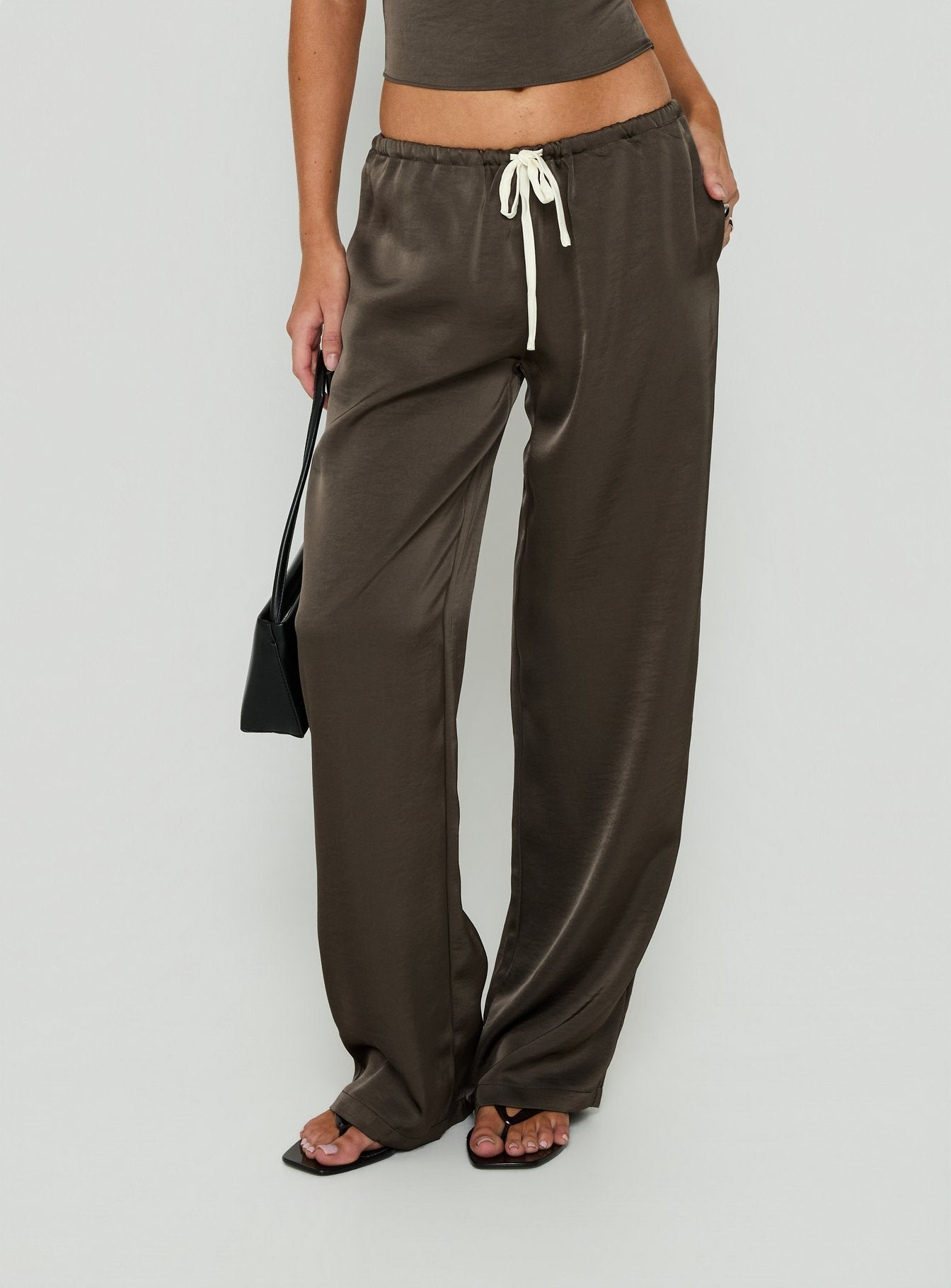 Dialled Up Tie Waist Satin Pants Mocha