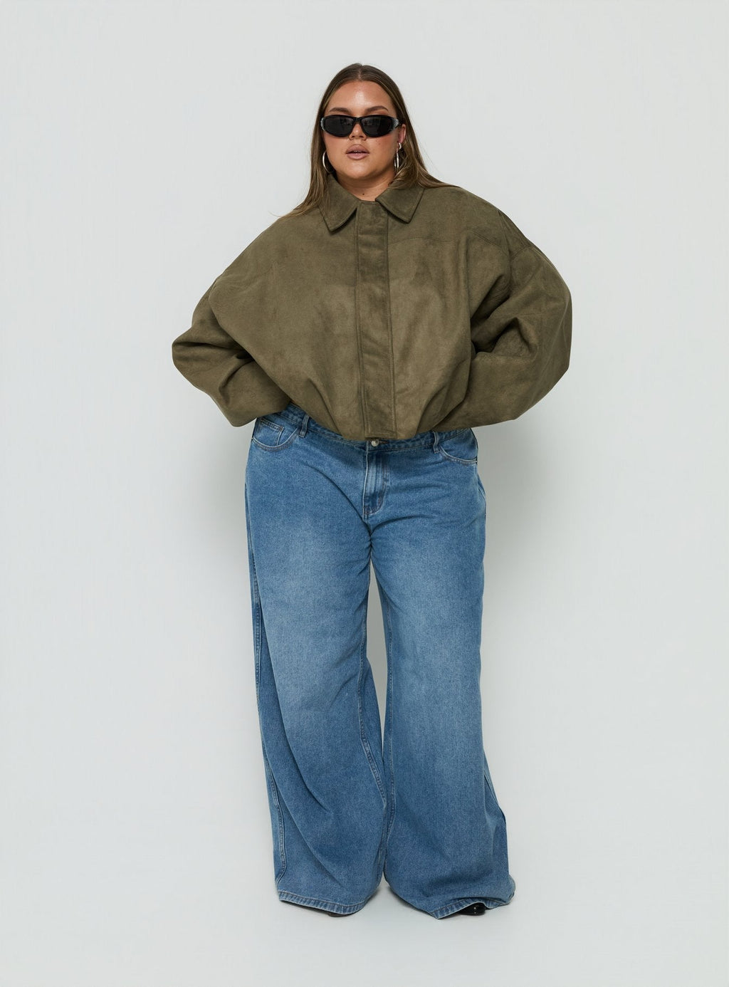 Enlightened Faux Suede Bomber Jacket Khaki Curve