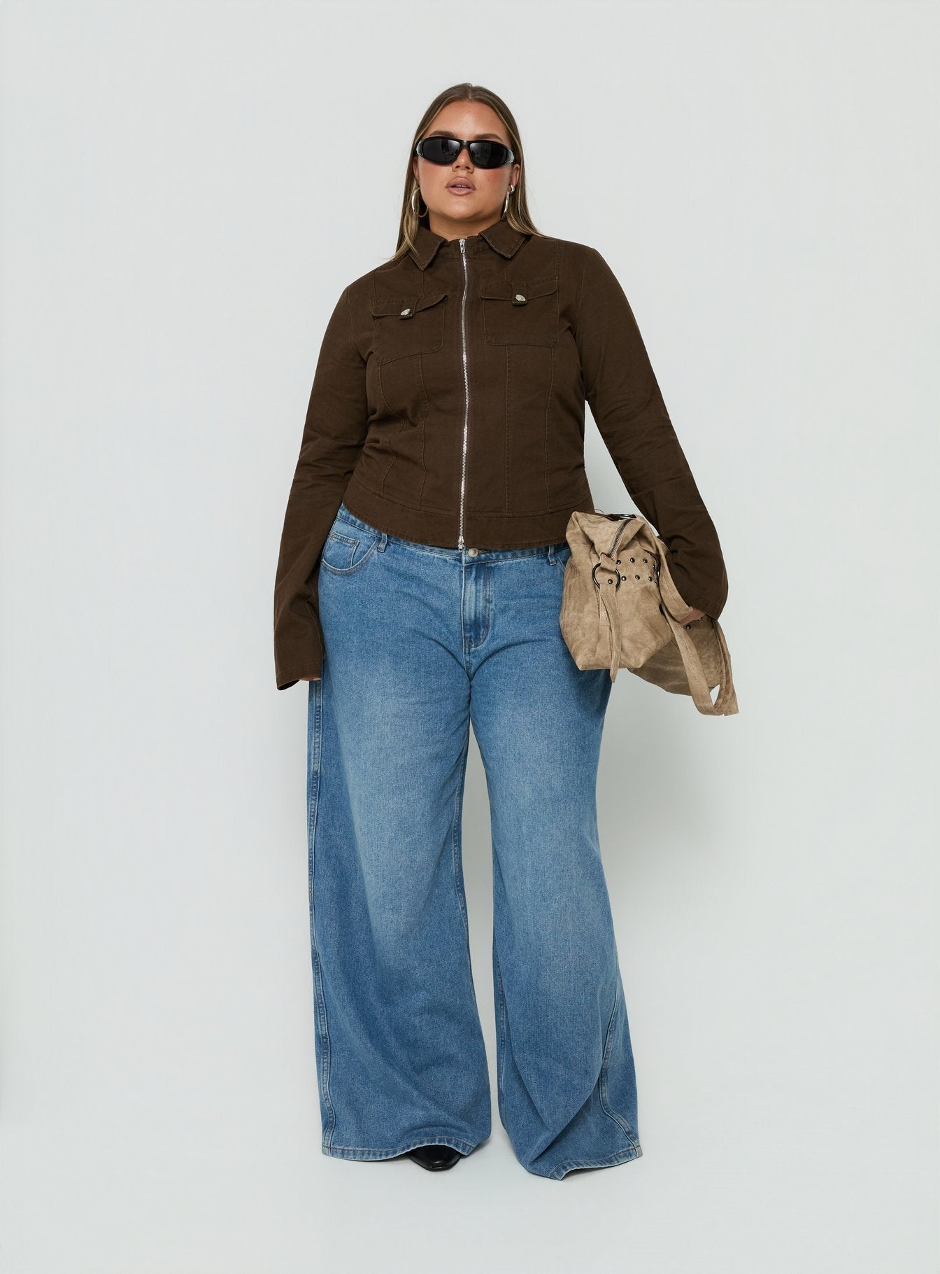 Kelehan Long Sleeve Zip Front Jacket Stonewashed Brown Curve
