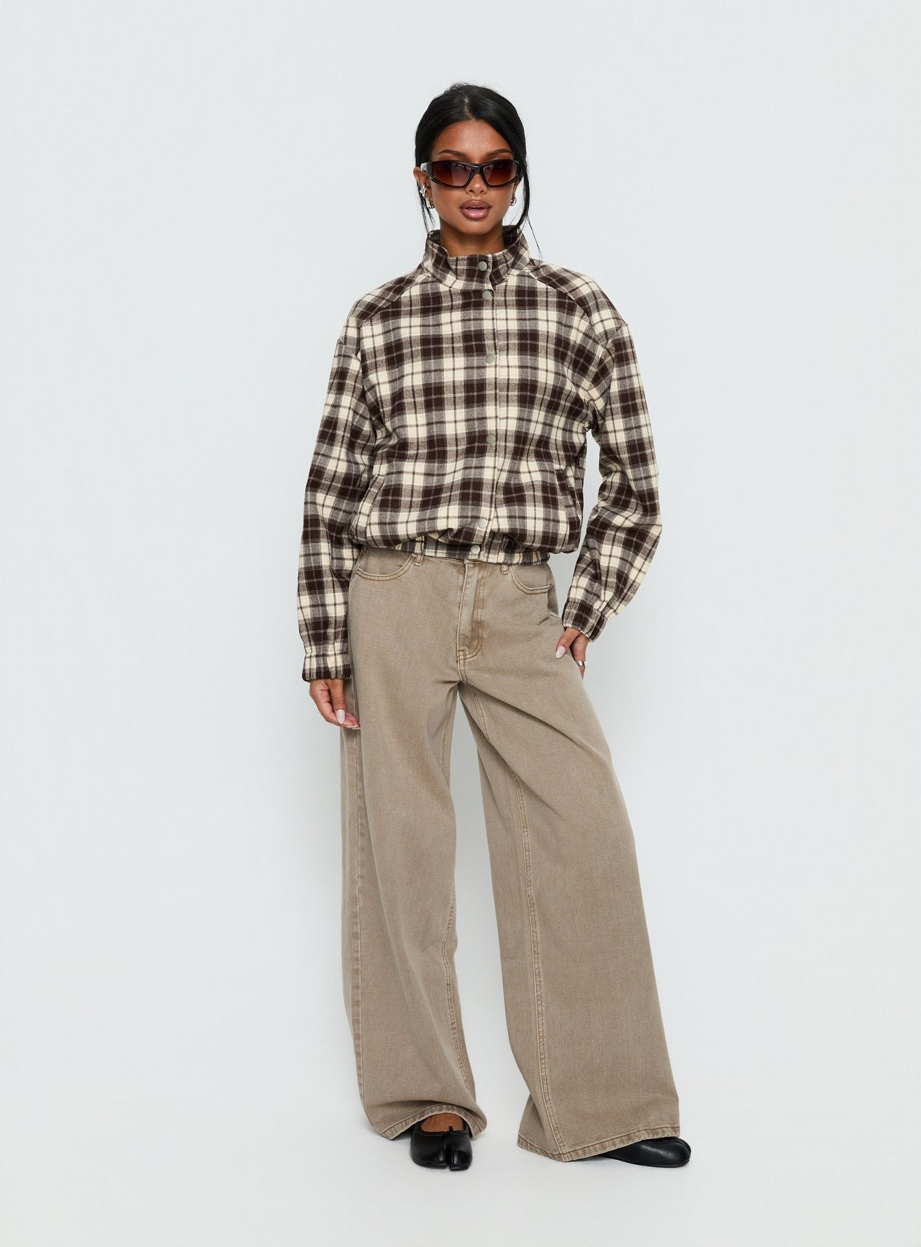 Khodana Funnel Neck Button Down Jacket Brown Check