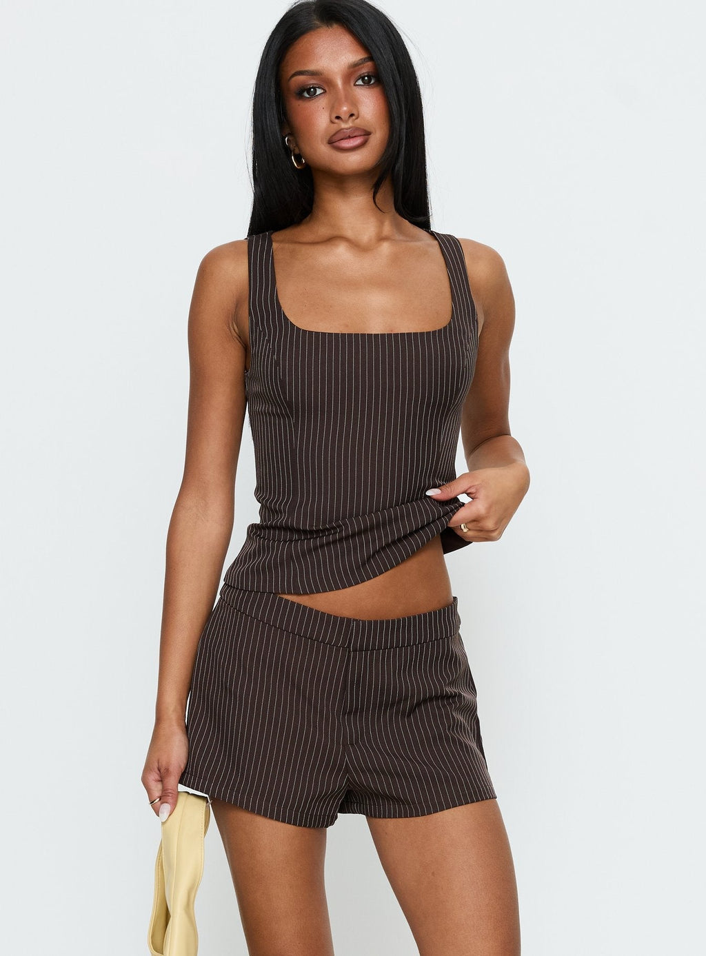 Party Invitations Tailored Shorts Brown Pinstripe