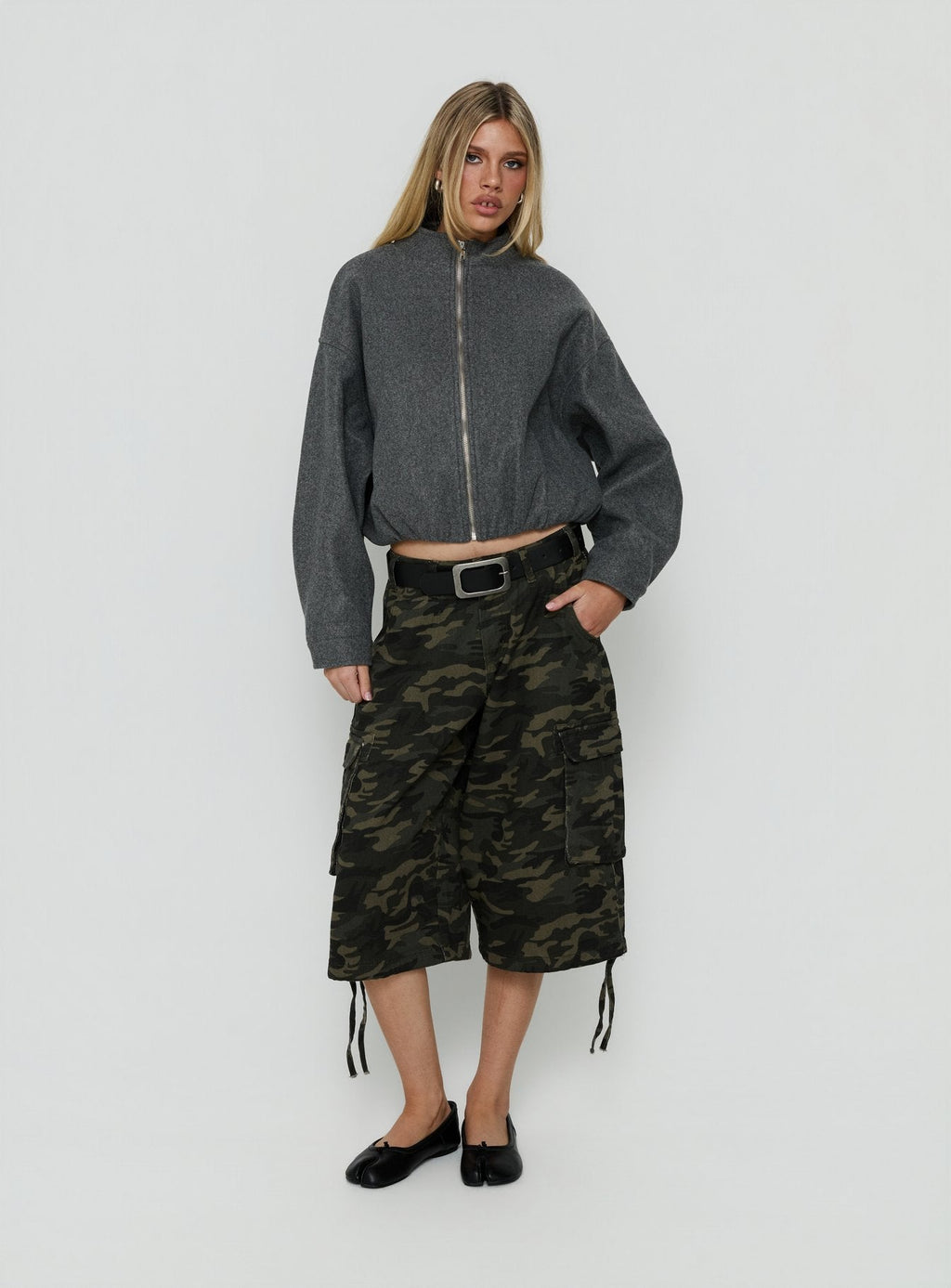 Chayden Cropped Faux Wool Bomber Jacket Grey