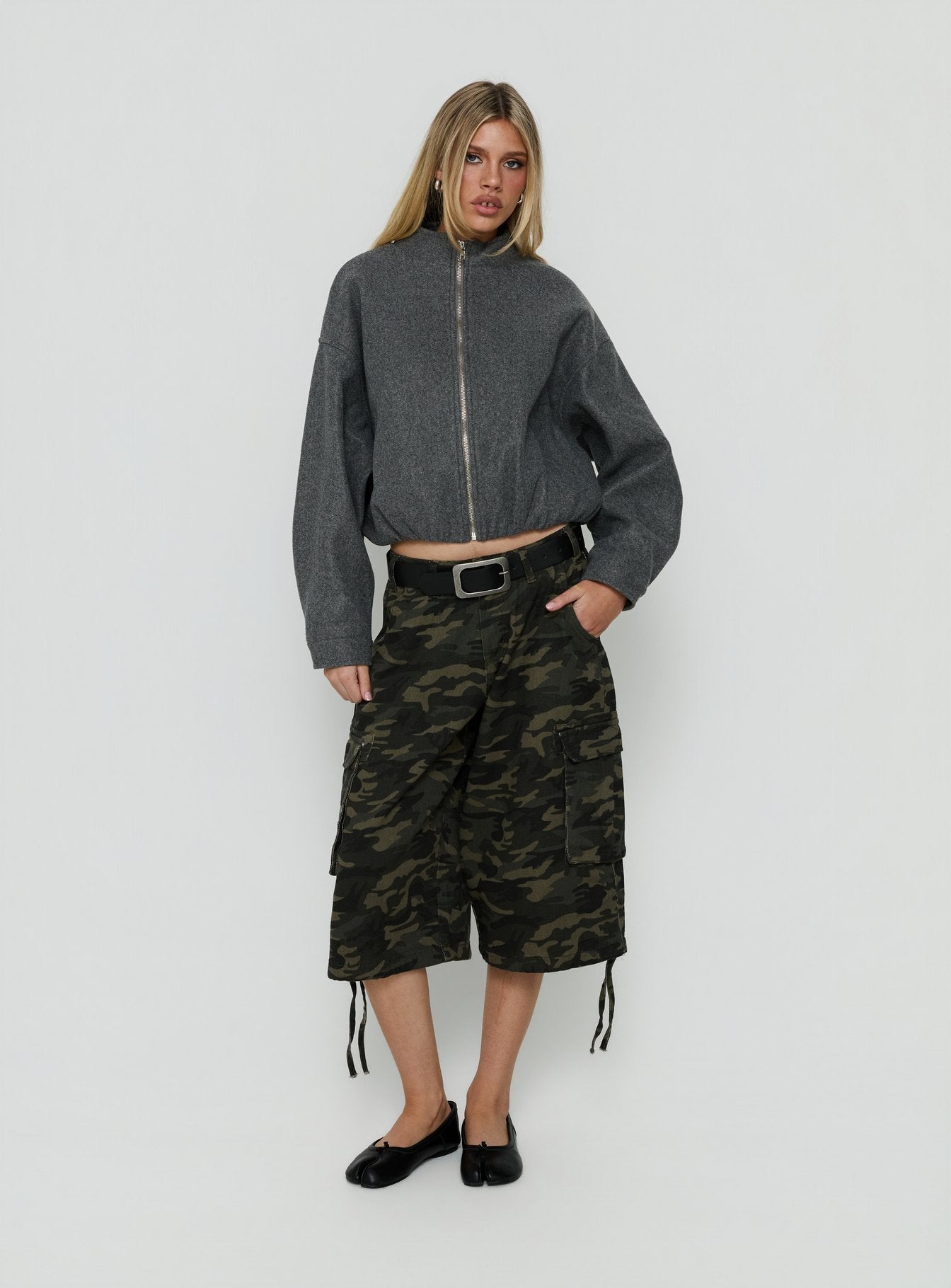 Chayden Cropped Faux Wool Bomber Jacket Grey