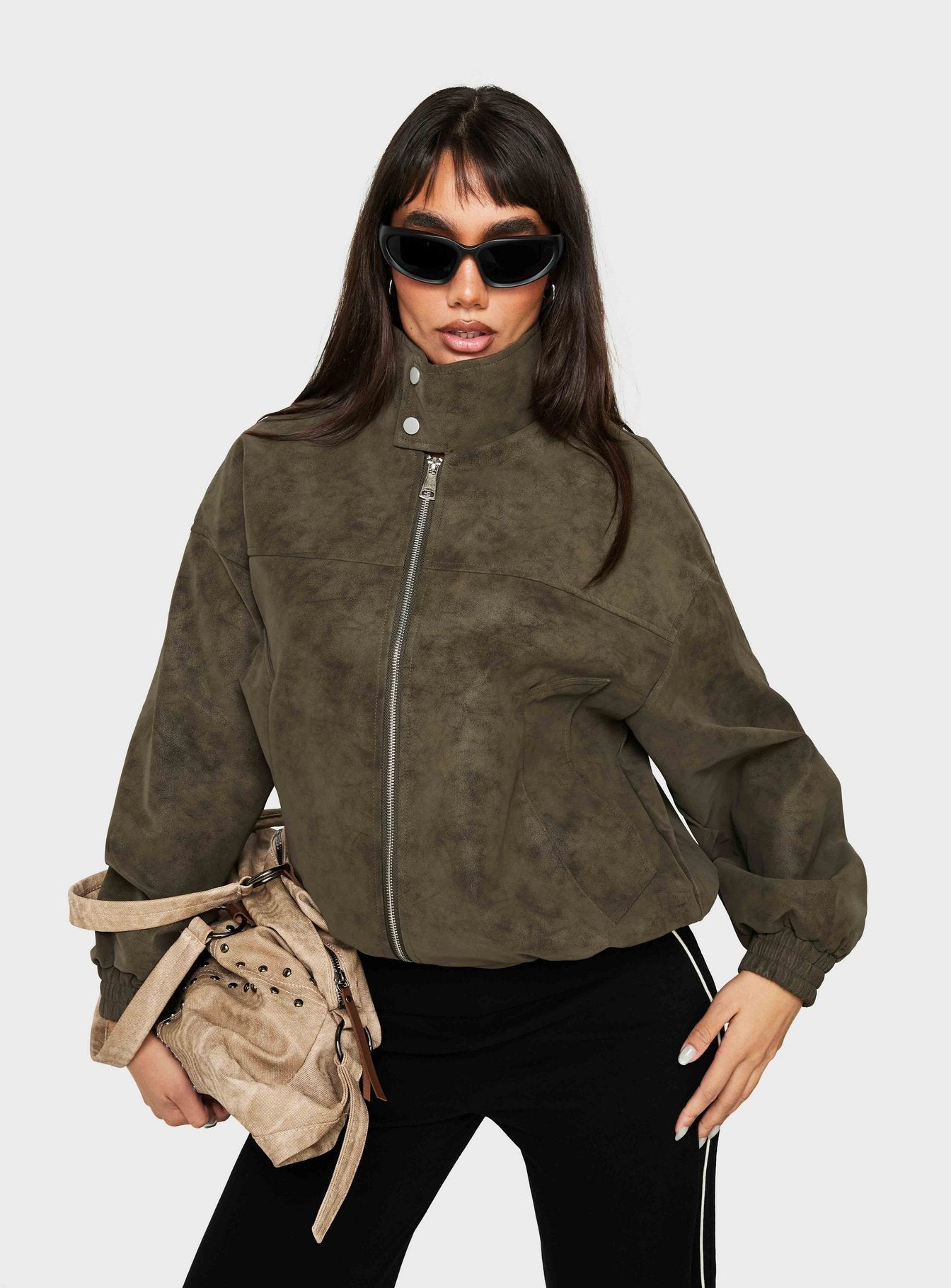 Ellissa Faux Suede Bomber Jacket Khaki