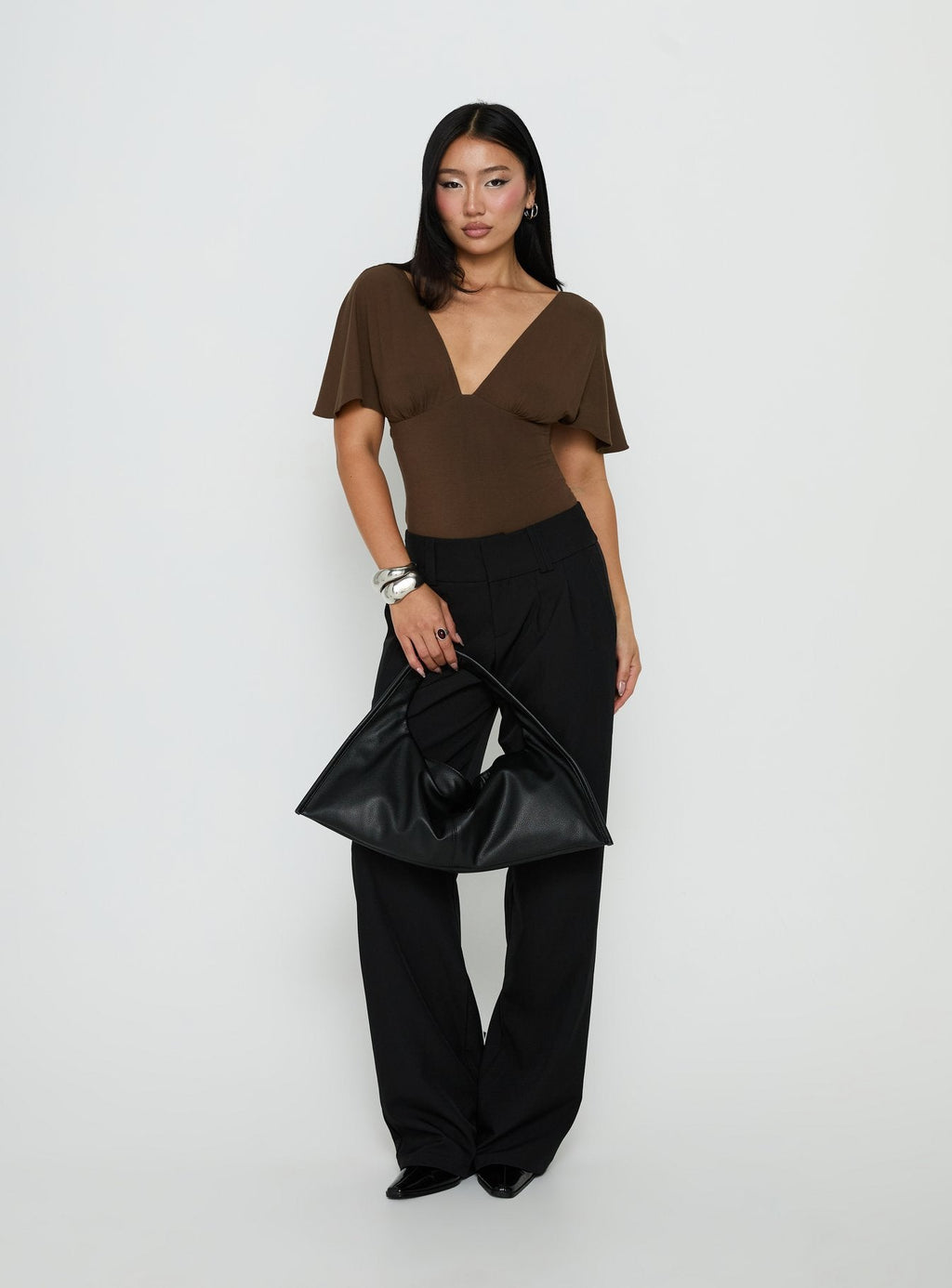 Yevenna Batwing Plunge Bodysuit Chocolate