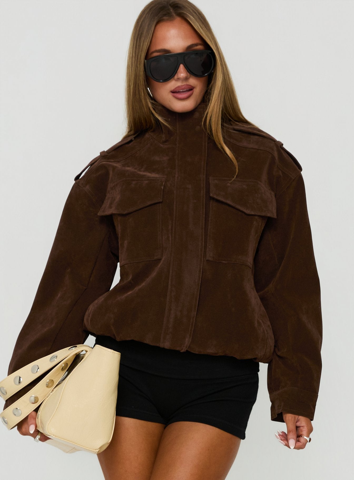 Double Life Funnel Neck Cargo Jacket Chocolate
