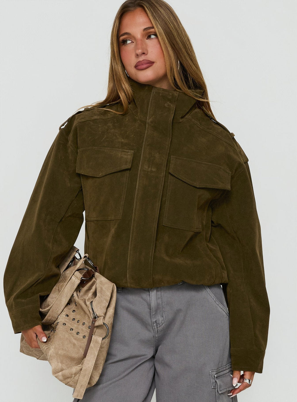 Double Life Funnel Neck Cargo Jacket Olive Green