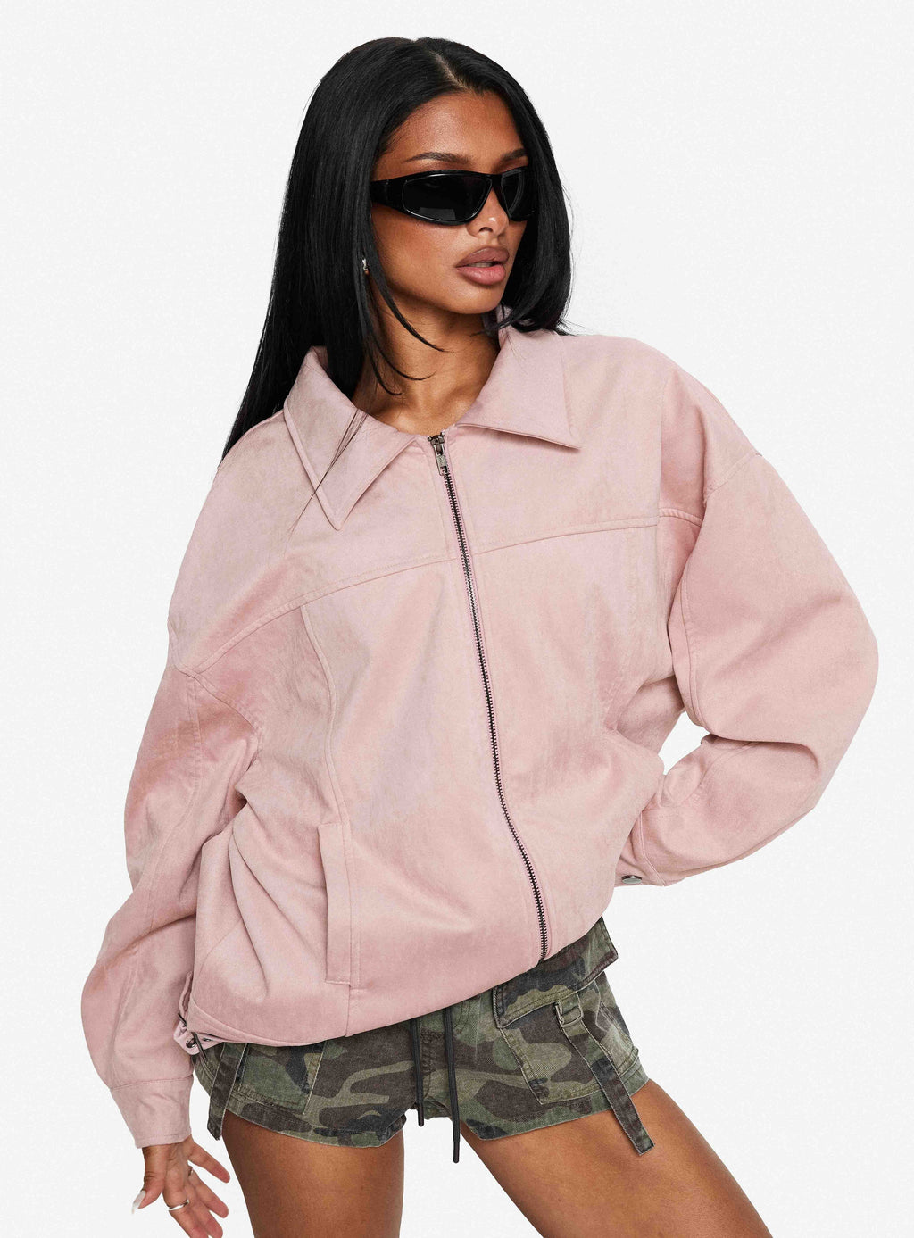 Goldsmith Faux Suede Bomber Jacket Pink