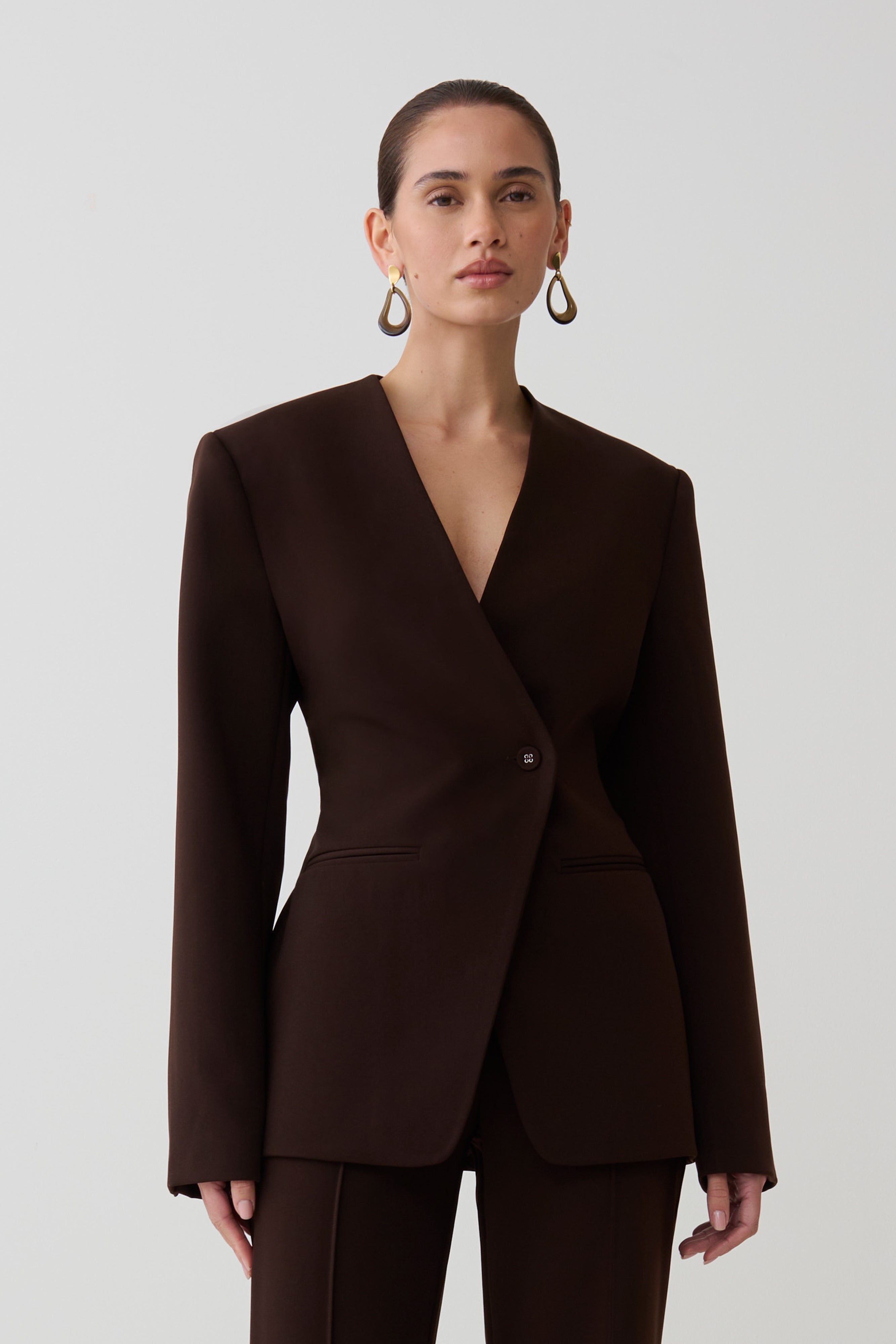 Darcie Drop Shoulder Suiting Blazer - Dark Chocolate