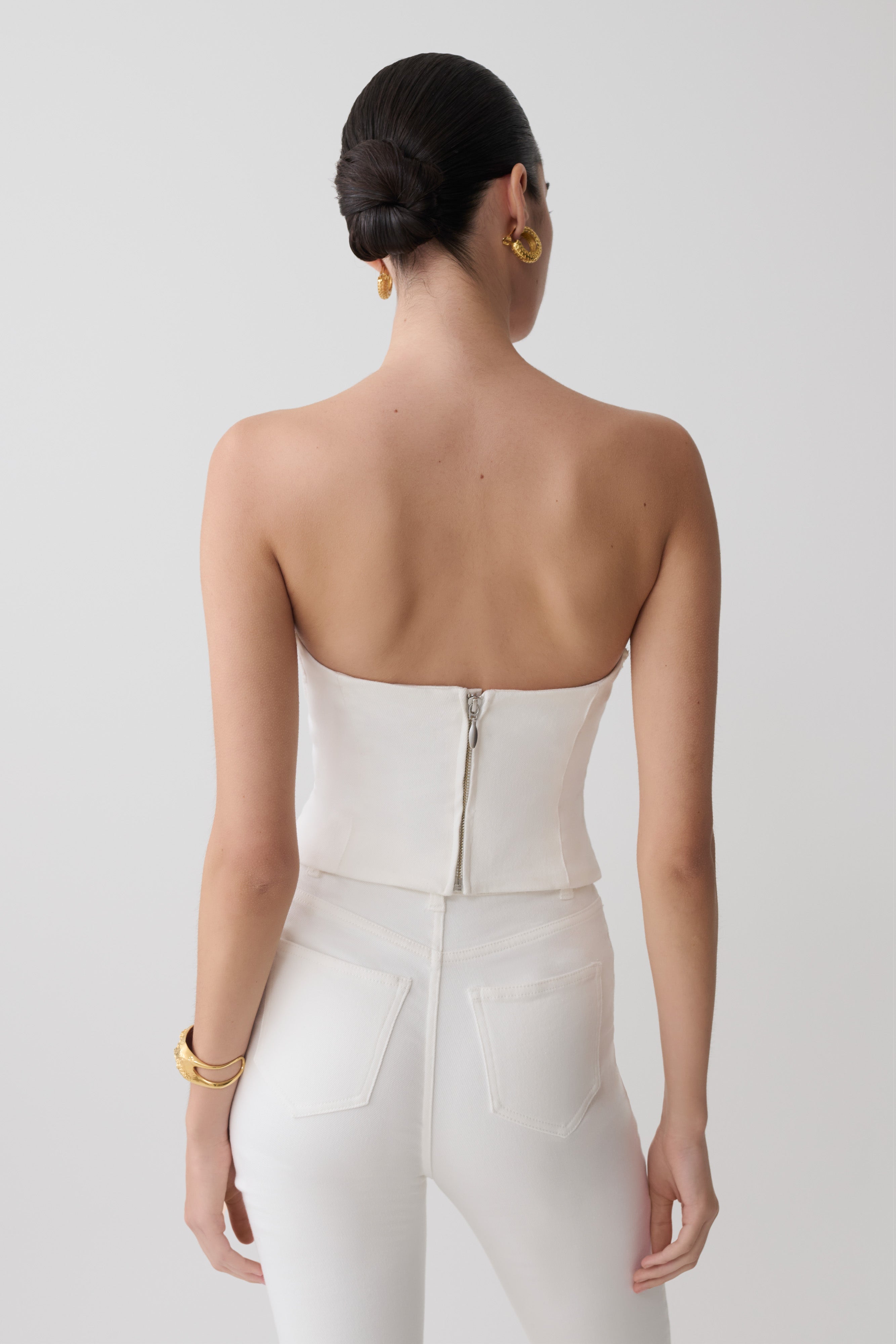 Tillie Flower Embroidery Strapless Denim Top - White