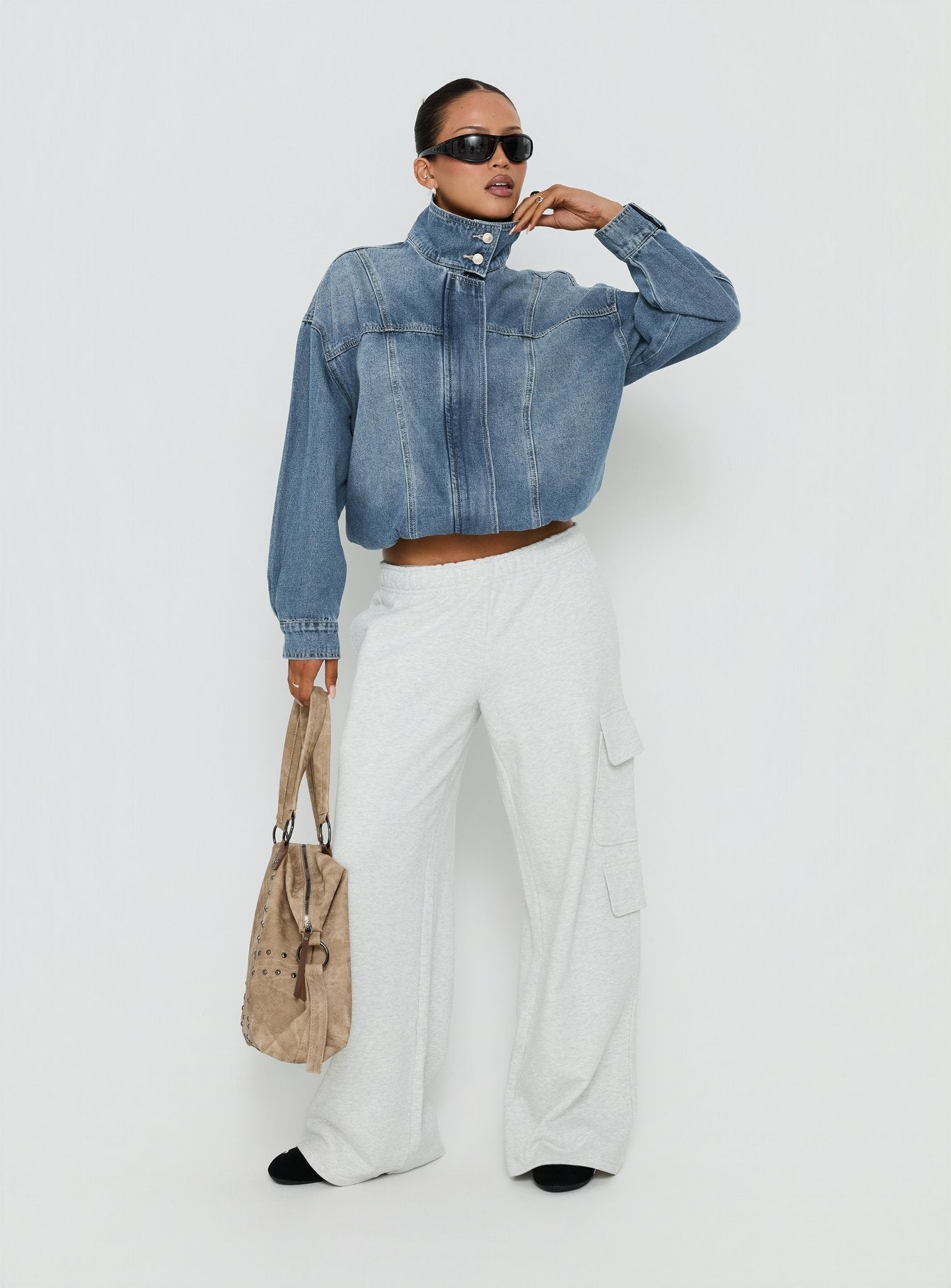 Alfea Funnel Neck Denim Bomber Jacket Mid Blue Wash