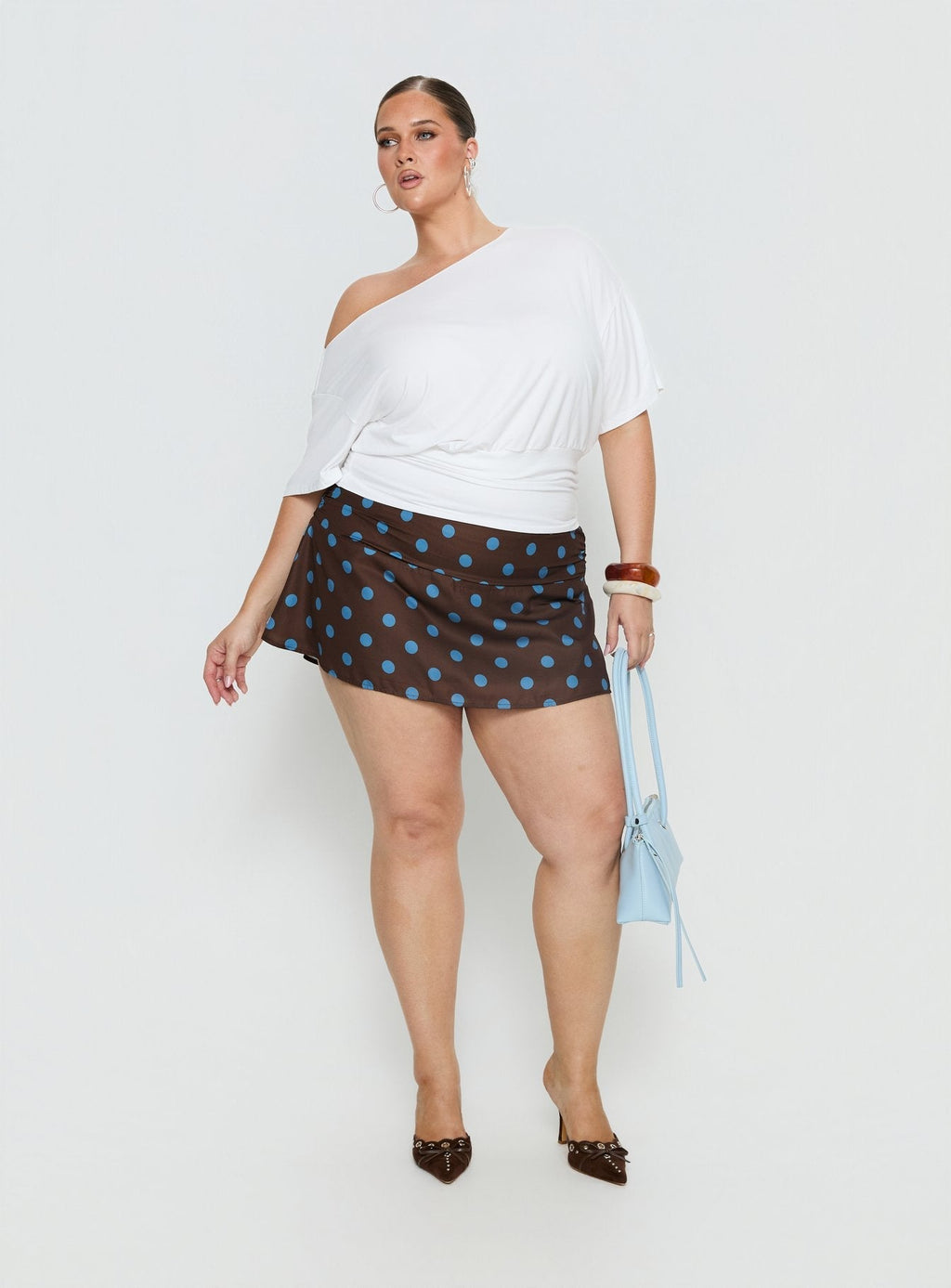 Elicia Ruched Mini Skirt Brown / Blue Polka Dot Curve