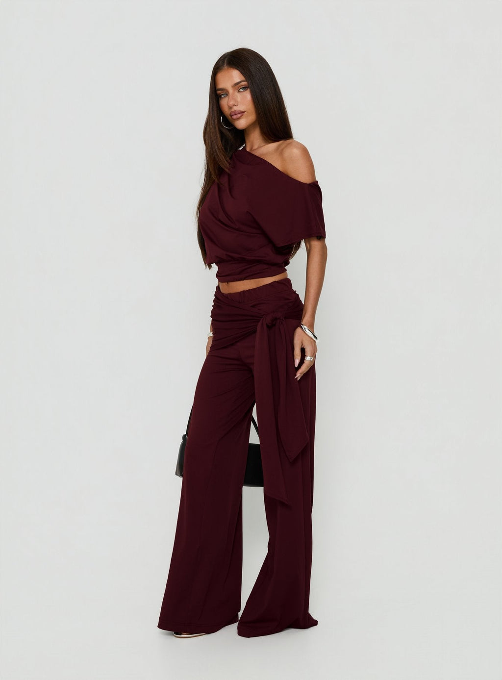 Hadlia Tie Waist Pants Burgundy