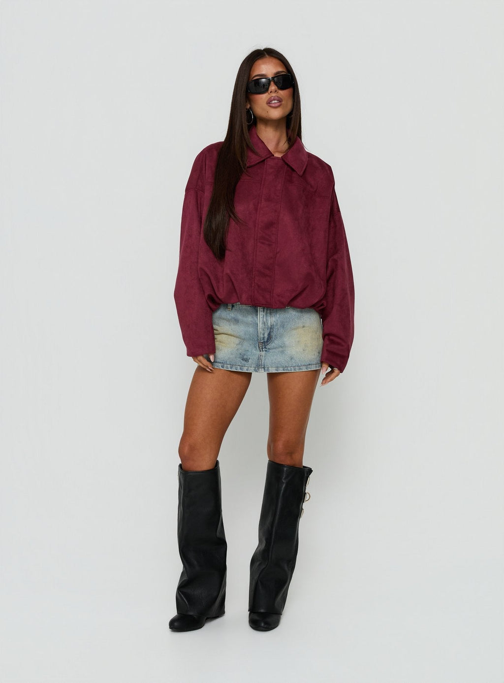 Enlightened Faux Suede Bomber Jacket Burgundy