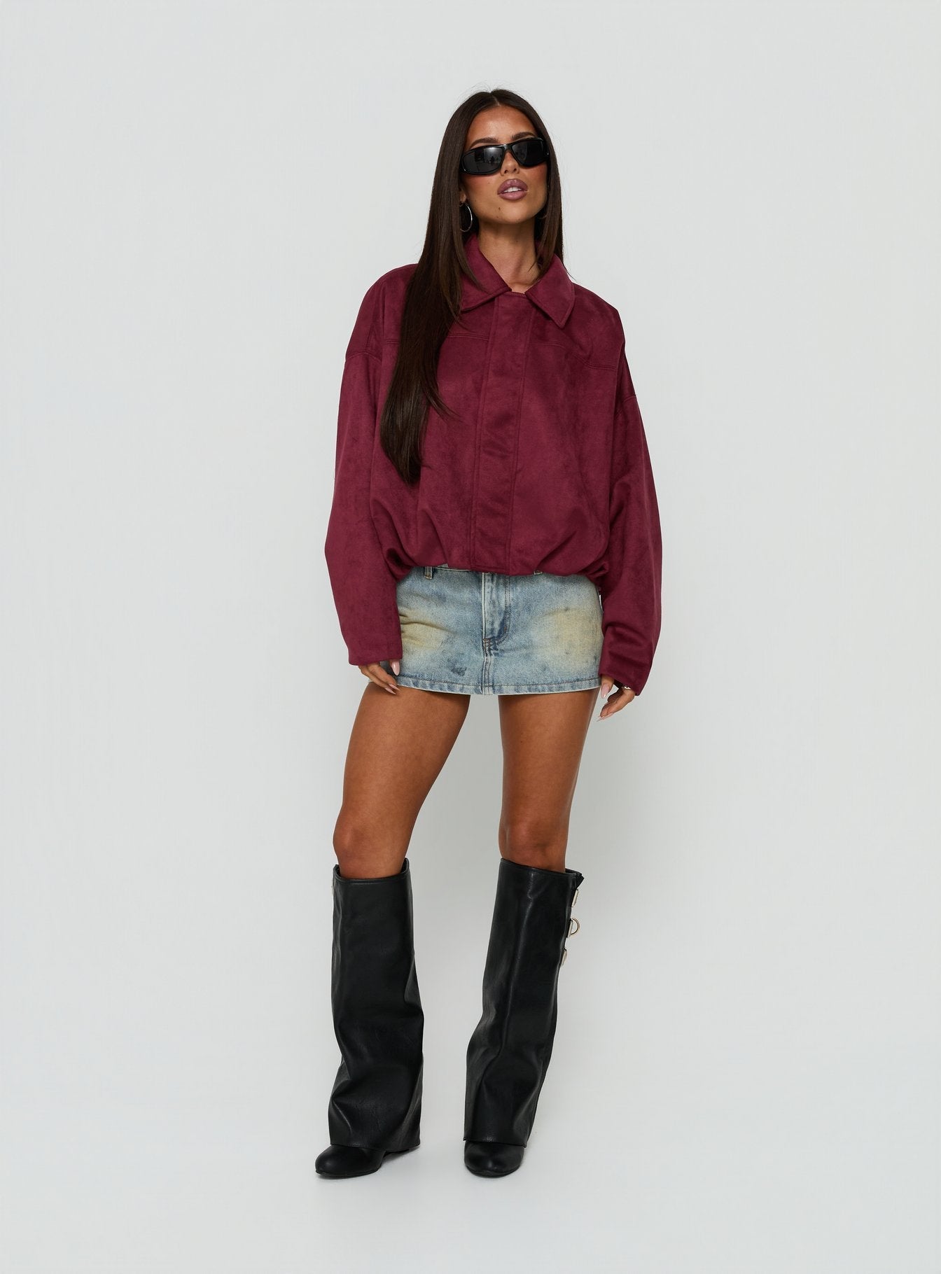 Enlightened Faux Suede Bomber Jacket Burgundy