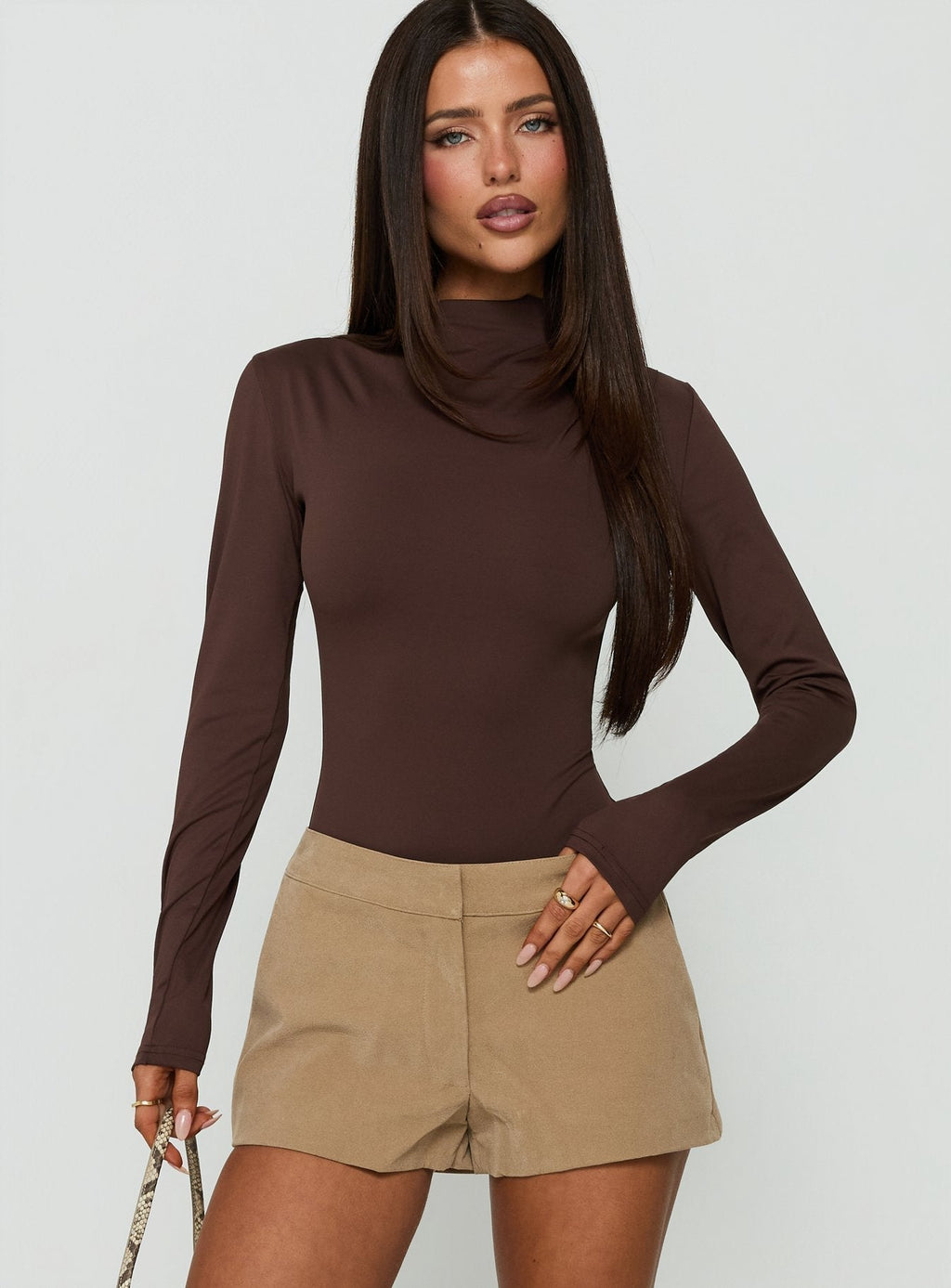 Pirella Mock Neck Long Sleeve Bodysuit Brown