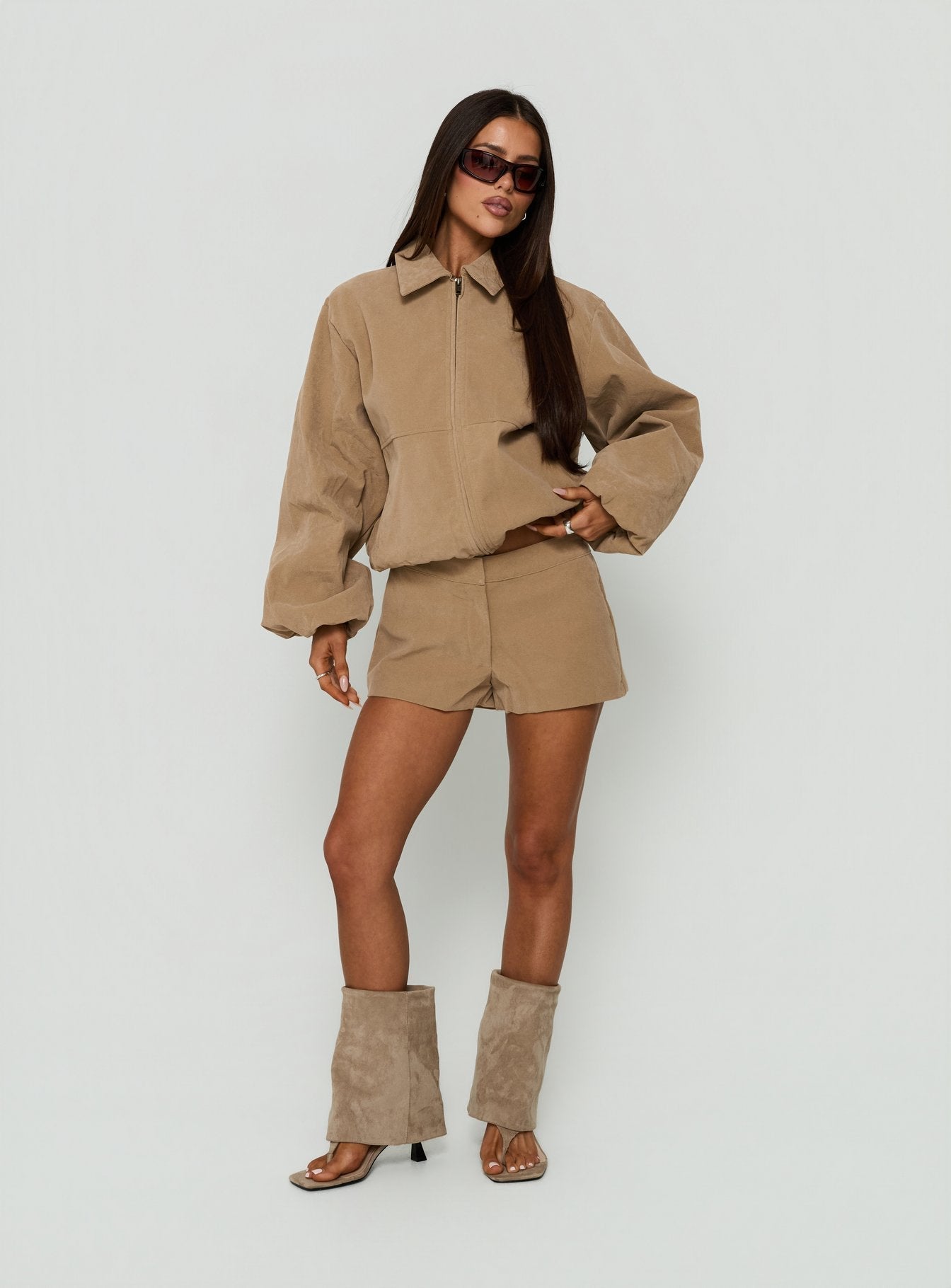 Esmeya Faux Suede Collared Bomber Jacket Beige