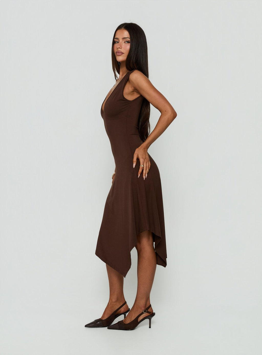 Louisia V Neck Hanky Hem Midi Dress Brown