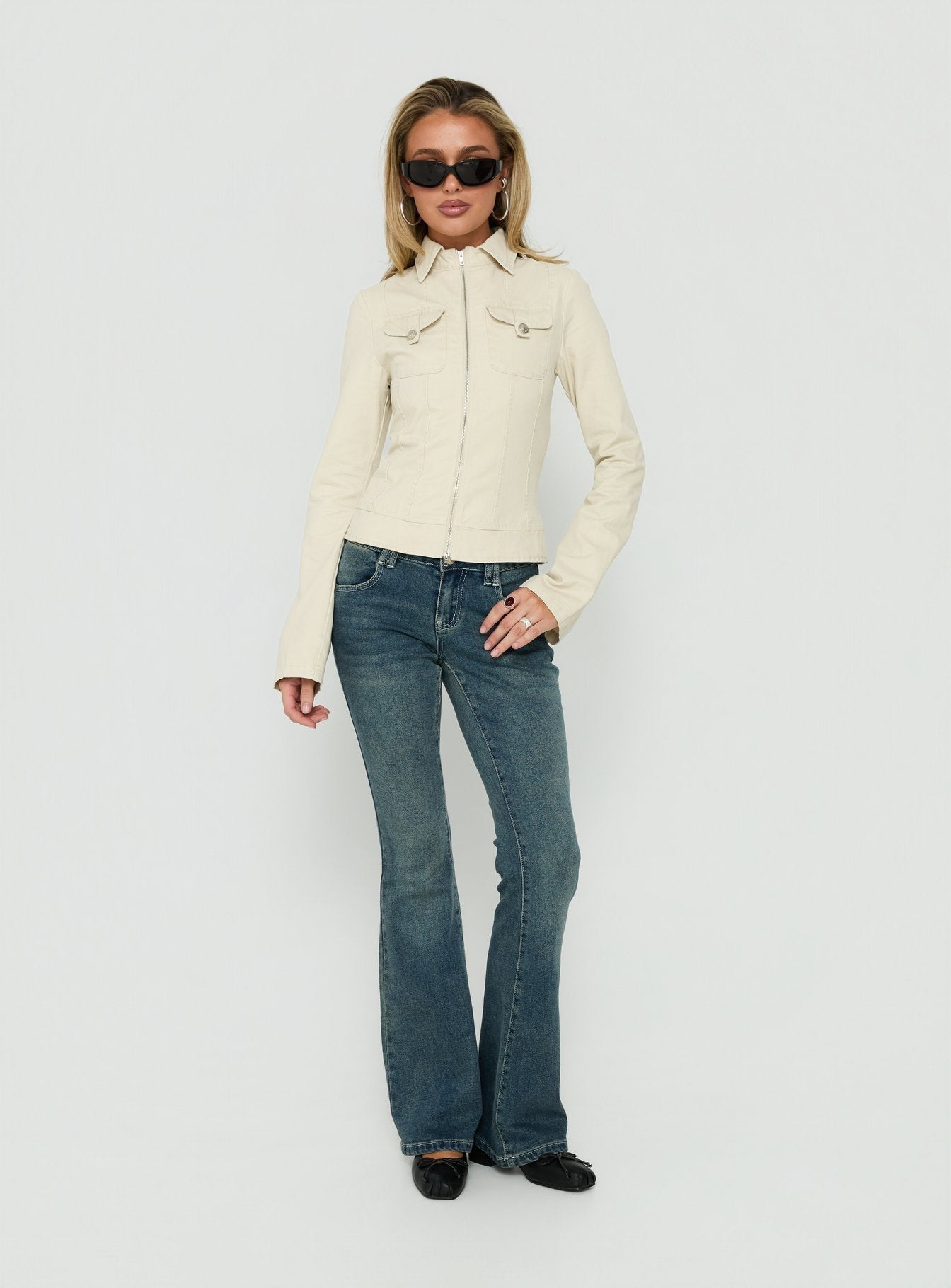 Kelehan Long Sleeve Zip Front Jacket Stonewashed Cream